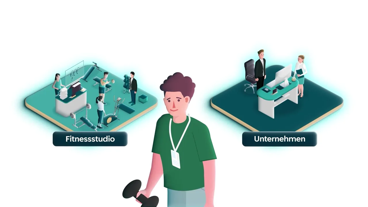 Vorschaubild des jobfit100-Erklärvideos: Fitnessstudio und Unternehmen