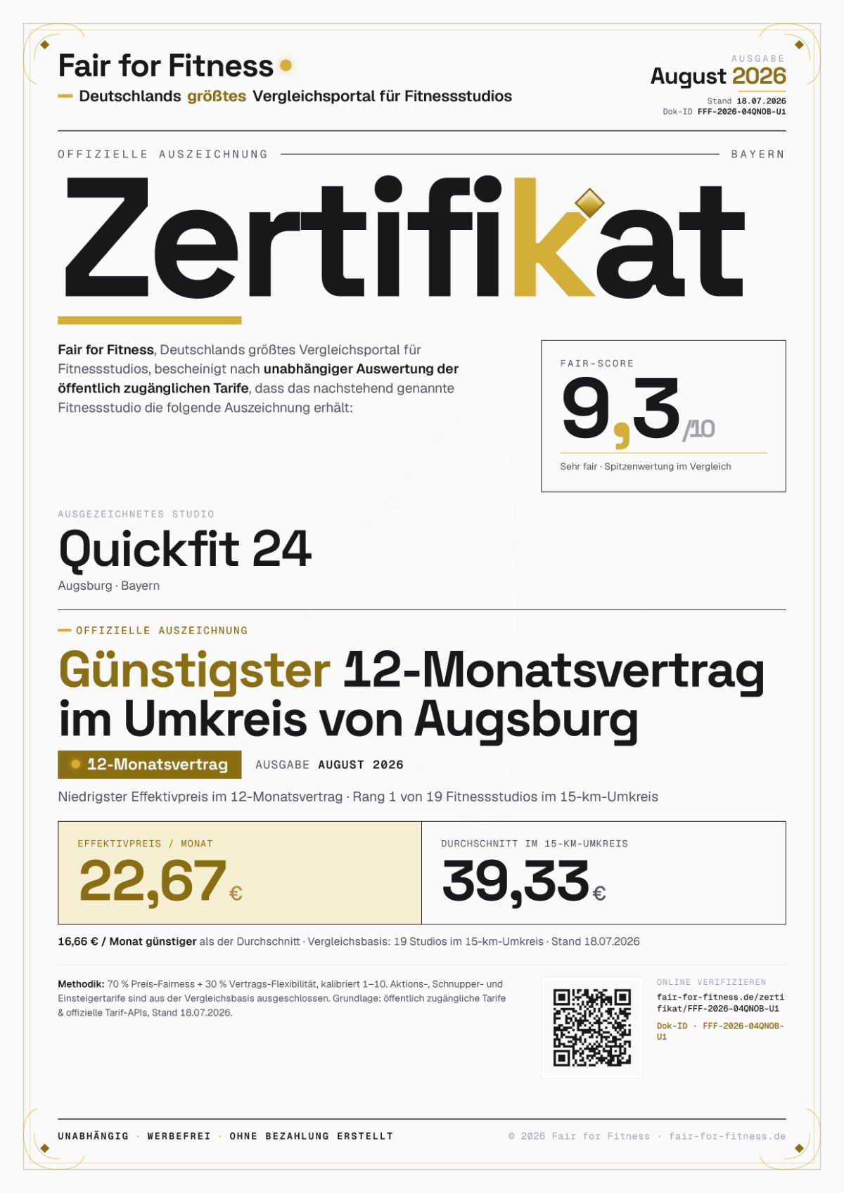 Zertifikat „Günstigster 12-Monatsvertrag im Umkreis von Augsburg"