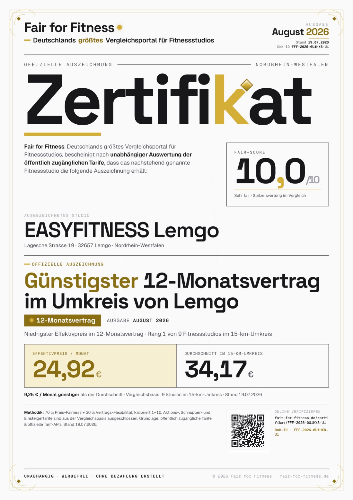 Zertifikat „Günstigster 12-Monatsvertrag im Umkreis von Lemgo"