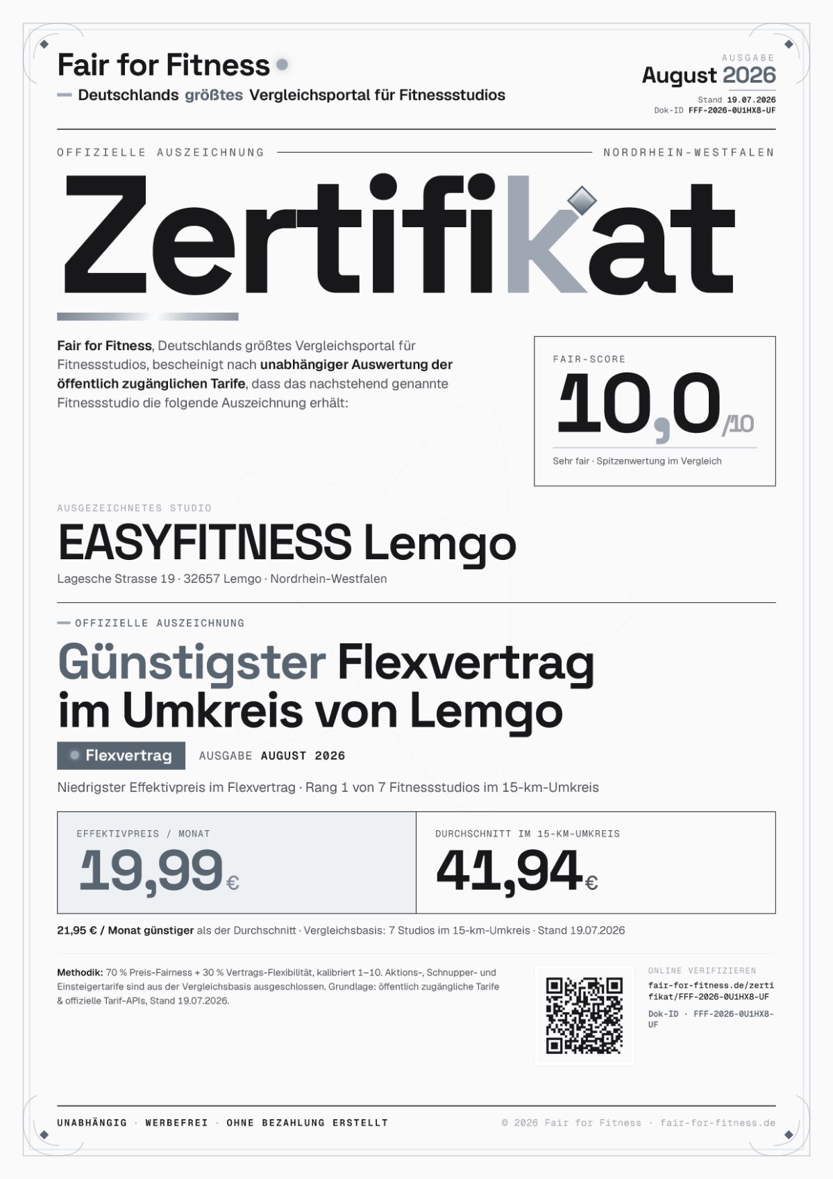 Zertifikat „Günstigster Flexvertrag im Umkreis von Lemgo"