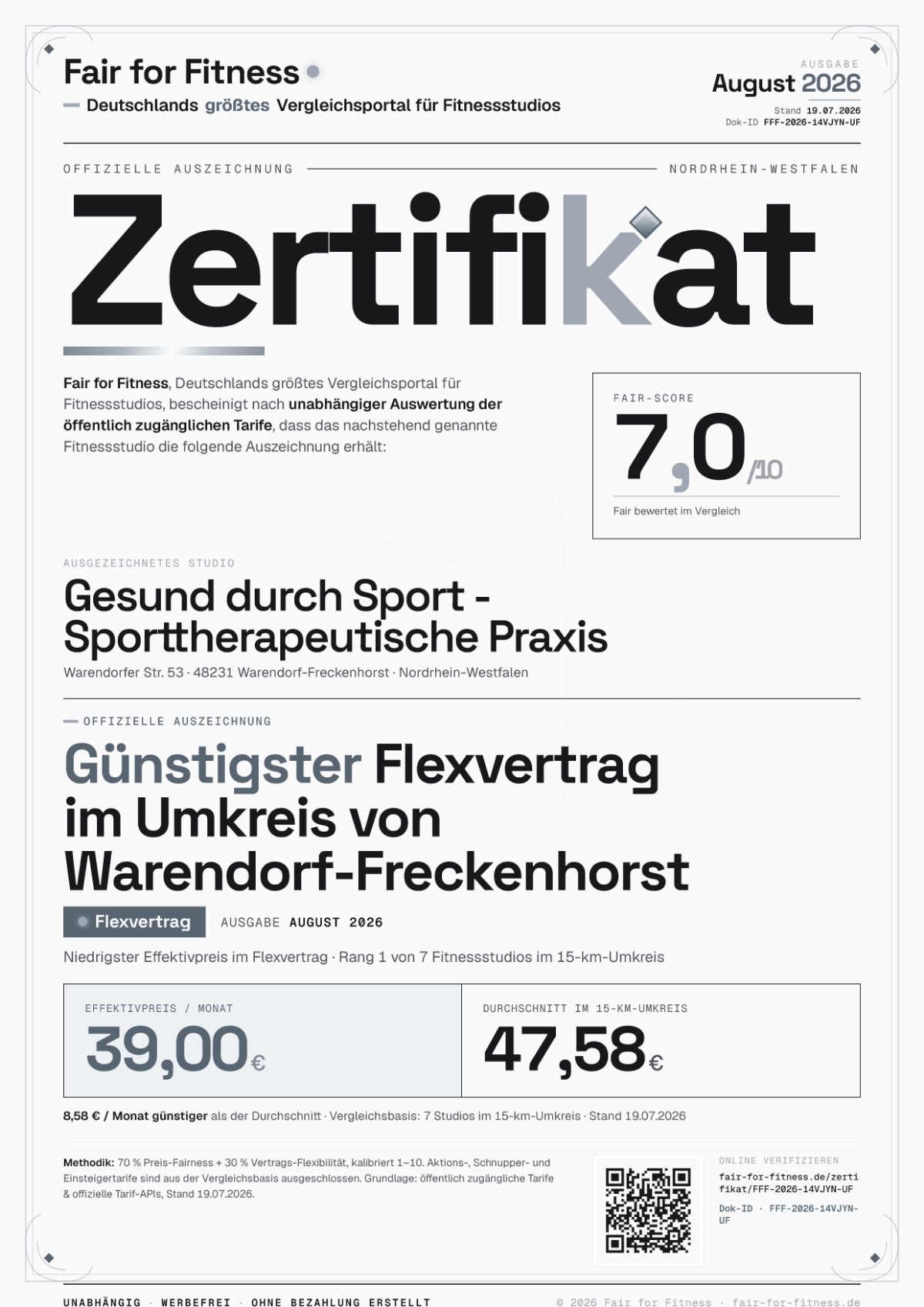 Zertifikat „Günstigster Flexvertrag im Umkreis von Warendorf-Freckenhorst"