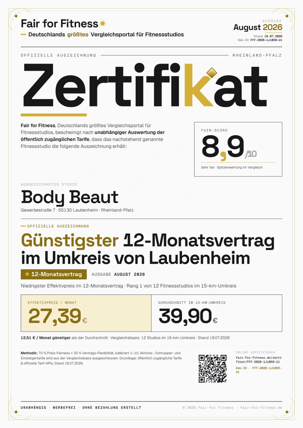 Zertifikat „Günstigster 12-Monatsvertrag im Umkreis von Laubenheim"