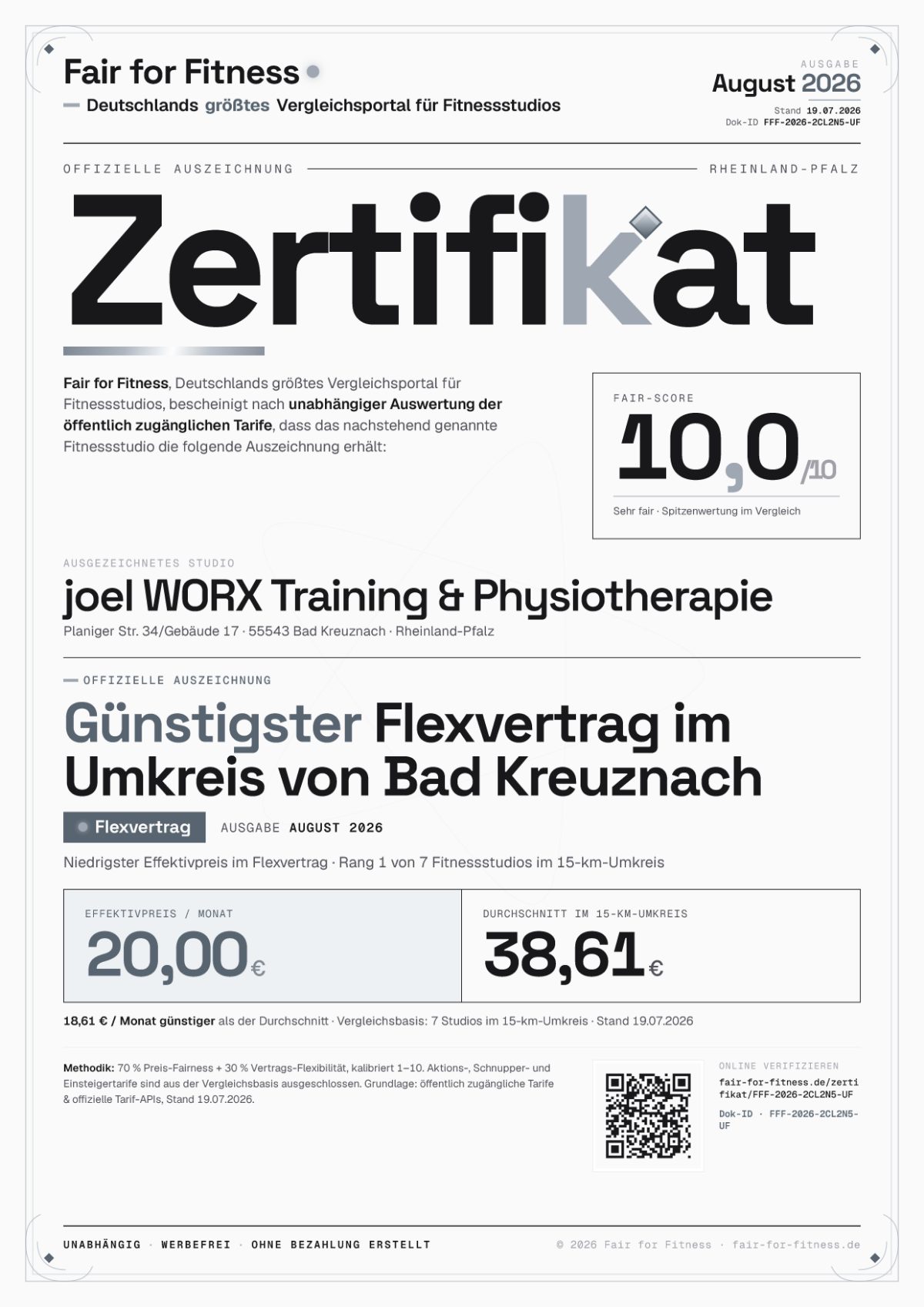 Zertifikat „Günstigster Flexvertrag im Umkreis von Bad Kreuznach"