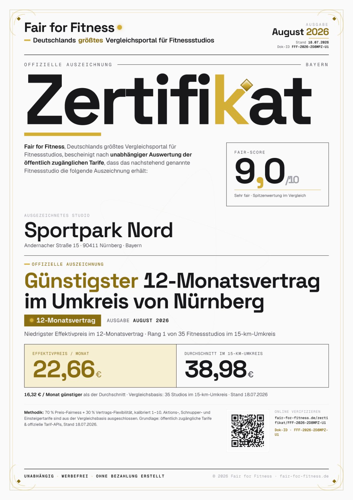 Zertifikat „Günstigster 12-Monatsvertrag im Umkreis von Nürnberg"