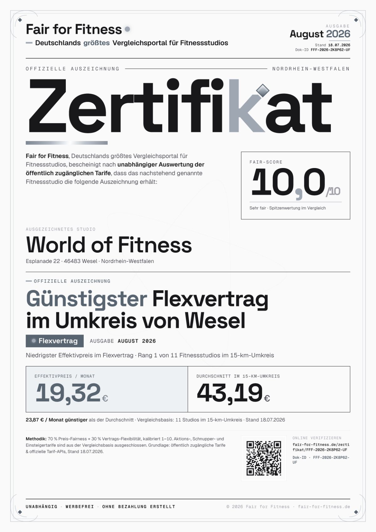 Zertifikat „Günstigster Flexvertrag im Umkreis von Wesel"