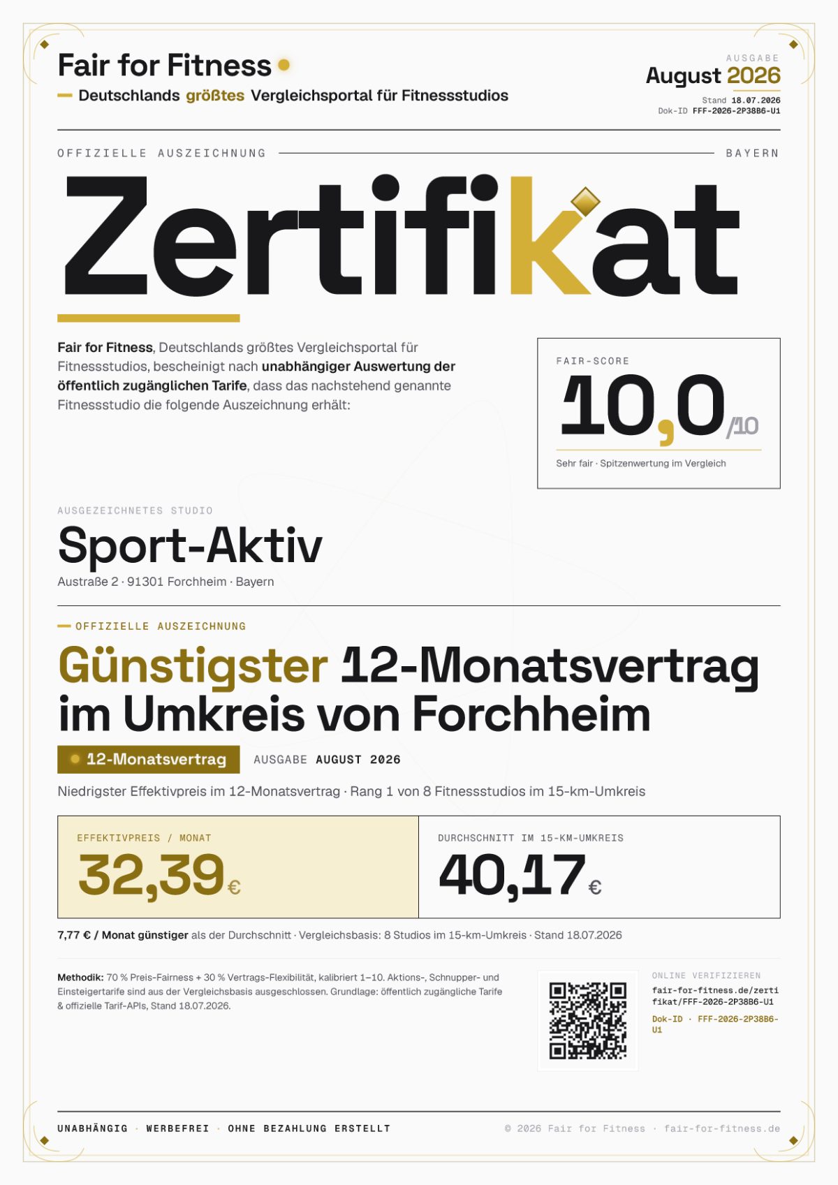Zertifikat „Günstigster 12-Monatsvertrag im Umkreis von Forchheim"