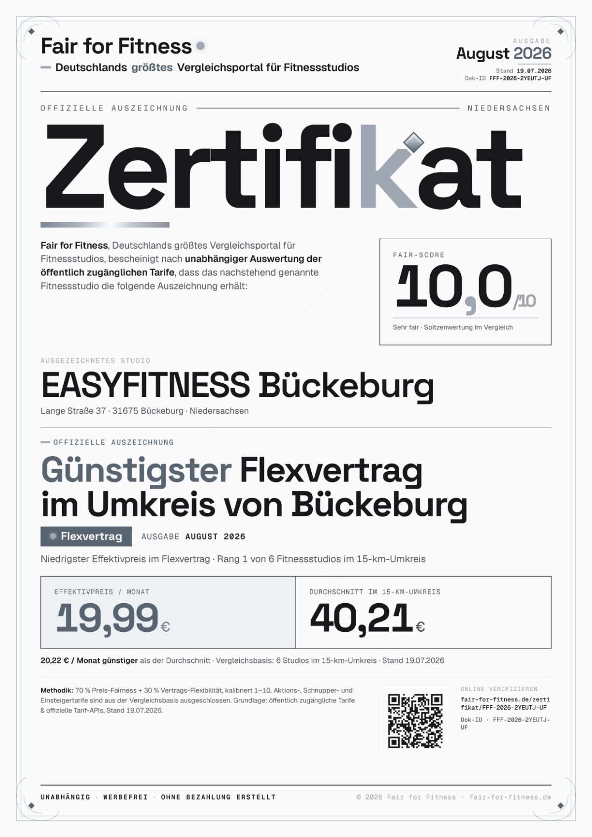 Zertifikat „Günstigster Flexvertrag im Umkreis von Bückeburg"