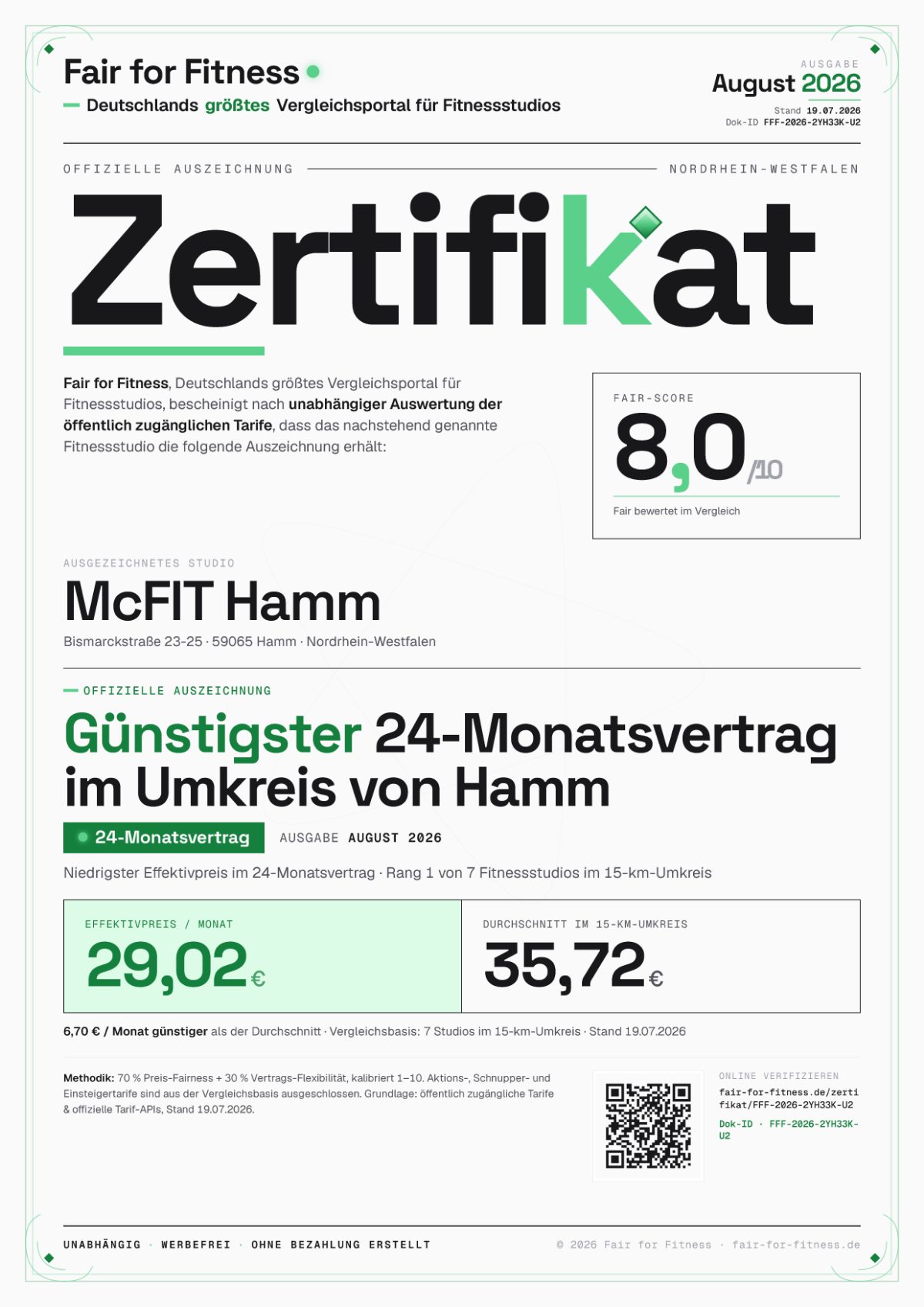 Zertifikat „Günstigster 24-Monatsvertrag im Umkreis von Hamm"