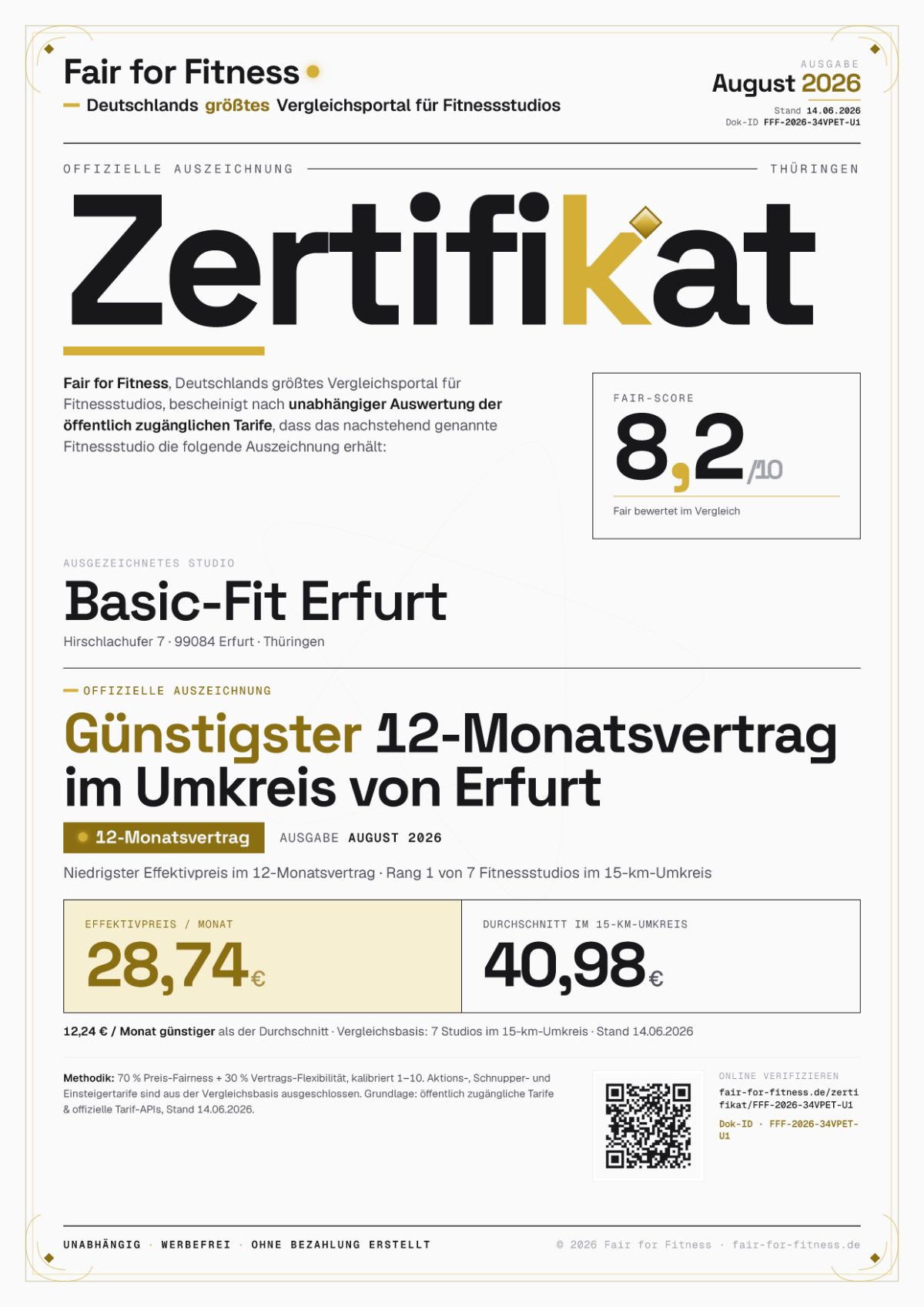 Zertifikat „Günstigster 12-Monatsvertrag im Umkreis von Erfurt"