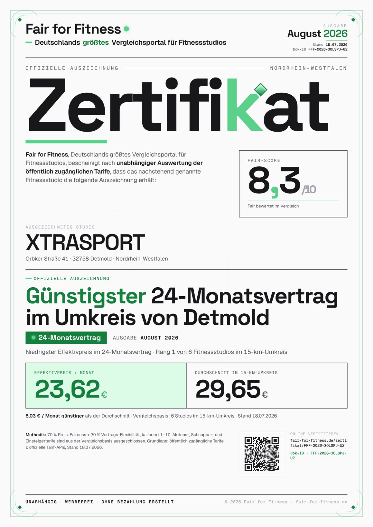 Zertifikat „Günstigster 24-Monatsvertrag im Umkreis von Detmold"
