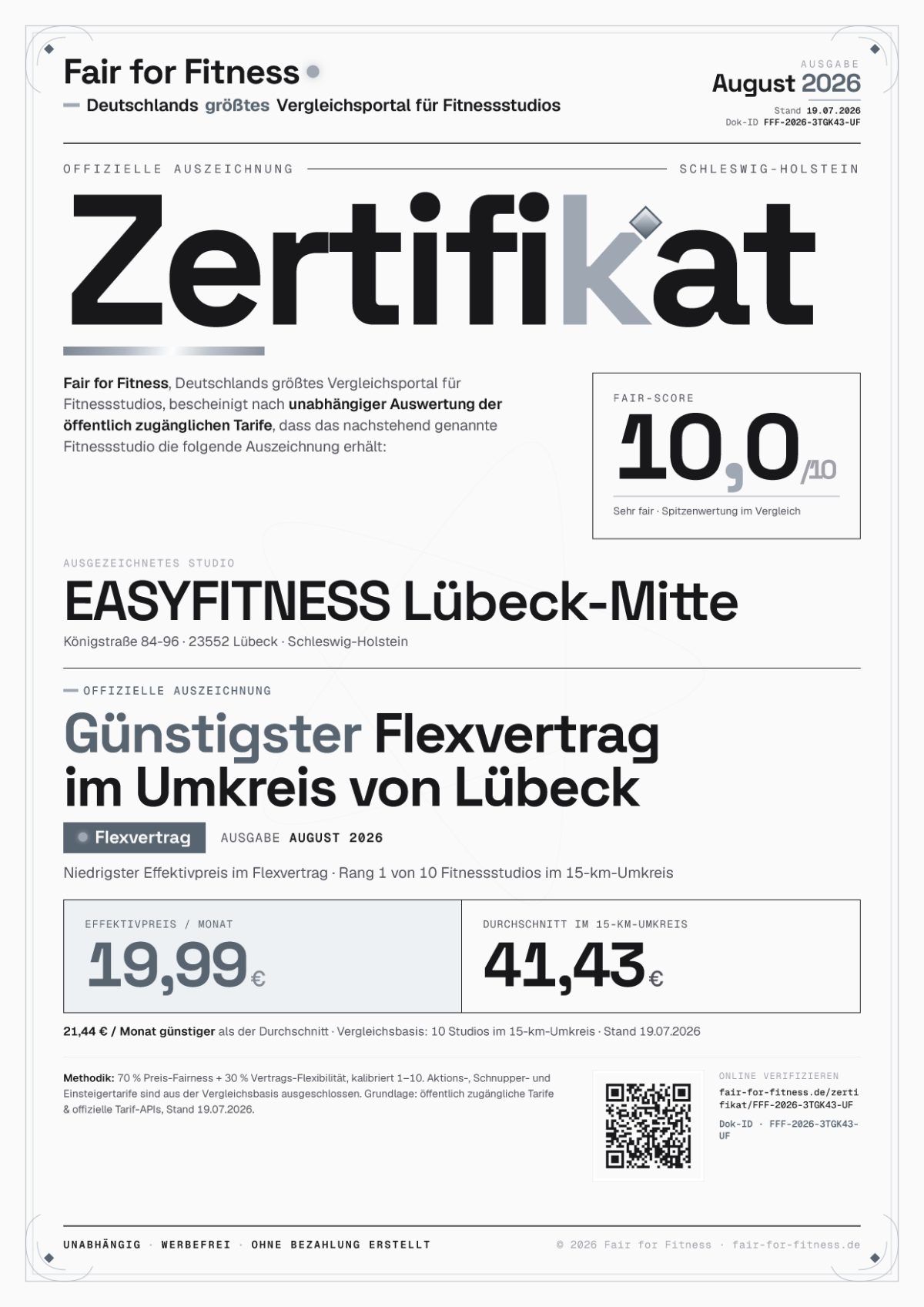 Zertifikat „Günstigster Flexvertrag im Umkreis von Lübeck"