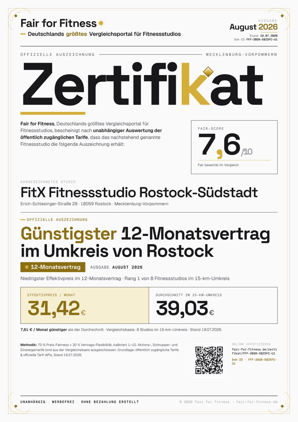 Zertifikat „Günstigster 12-Monatsvertrag im Umkreis von Rostock"