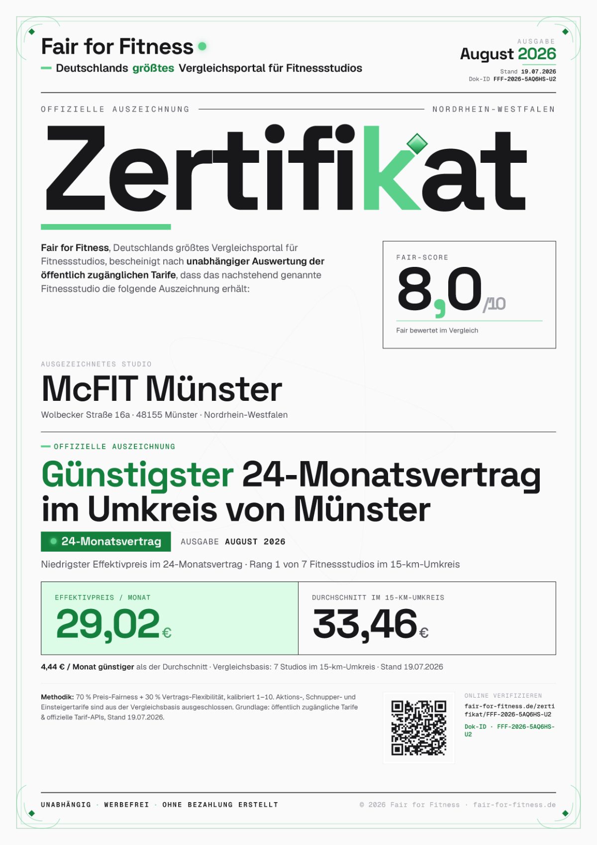 Zertifikat „Günstigster 24-Monatsvertrag im Umkreis von Münster"