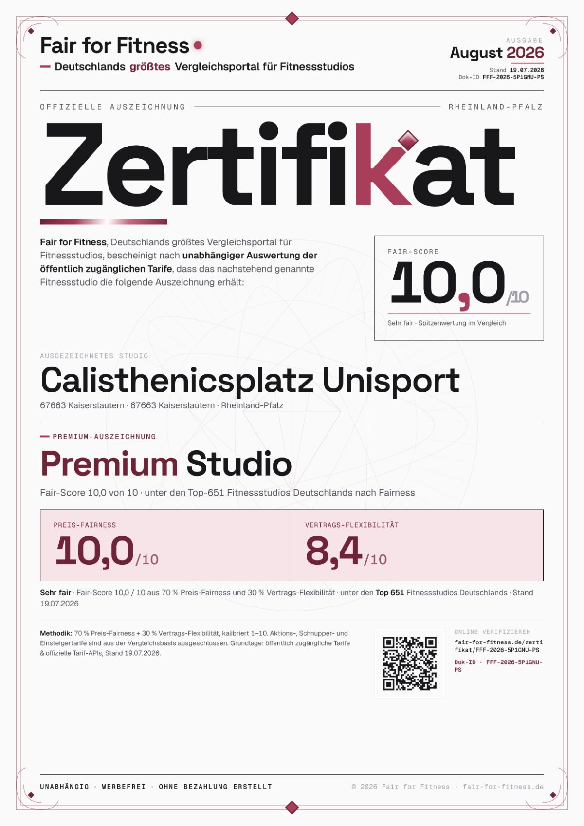 Zertifikat „Premium Studio"