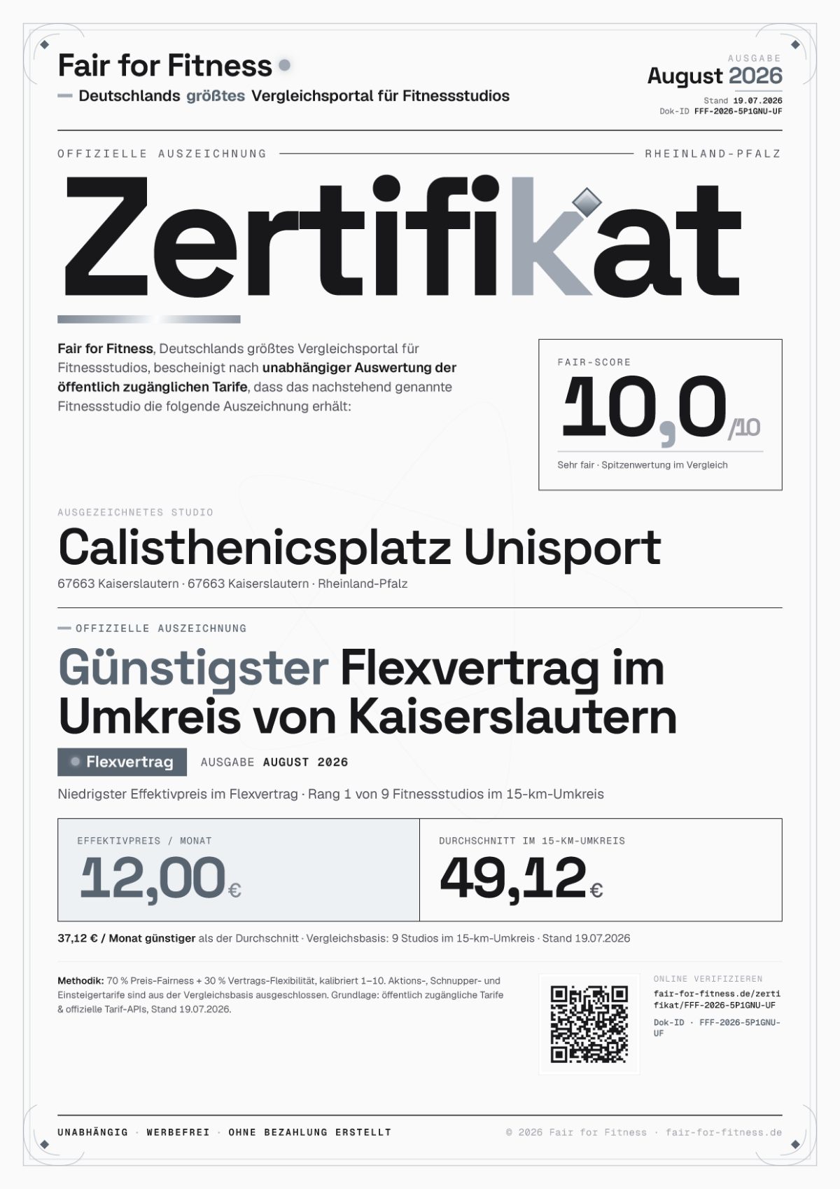 Zertifikat „Günstigster Flexvertrag im Umkreis von Kaiserslautern"