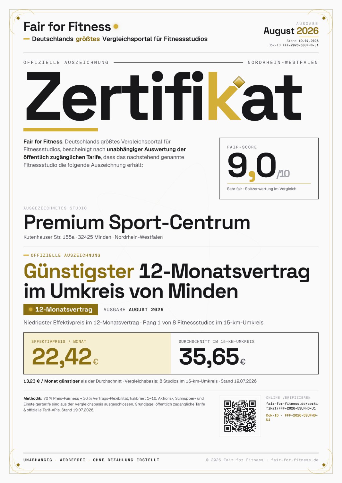 Zertifikat „Günstigster 12-Monatsvertrag im Umkreis von Minden"