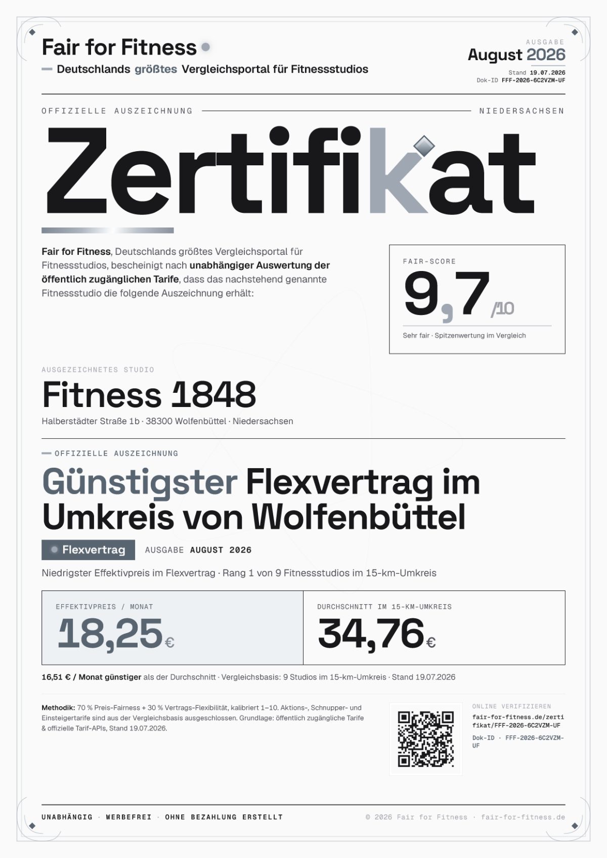 Zertifikat „Günstigster Flexvertrag im Umkreis von Wolfenbüttel"