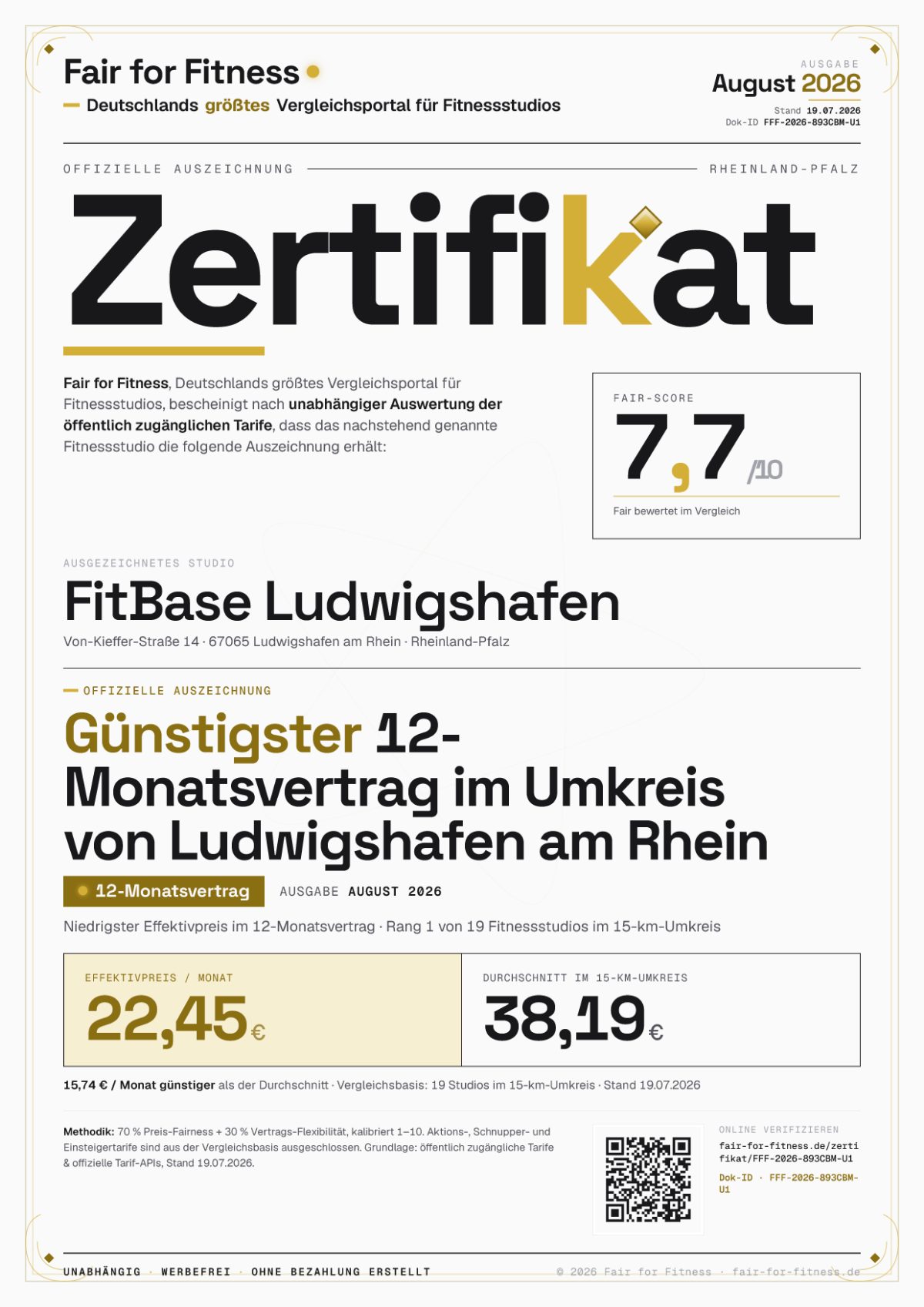 Zertifikat „Günstigster 12-Monatsvertrag im Umkreis von Ludwigshafen am Rhein"