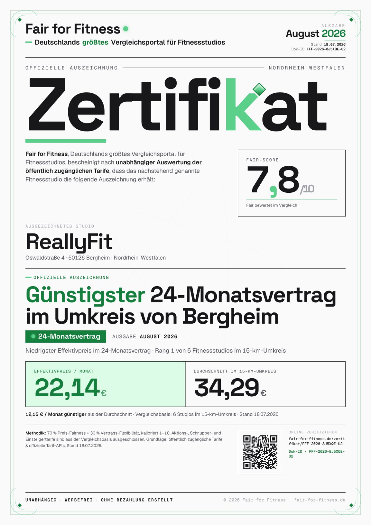 Zertifikat „Günstigster 24-Monatsvertrag im Umkreis von Bergheim"