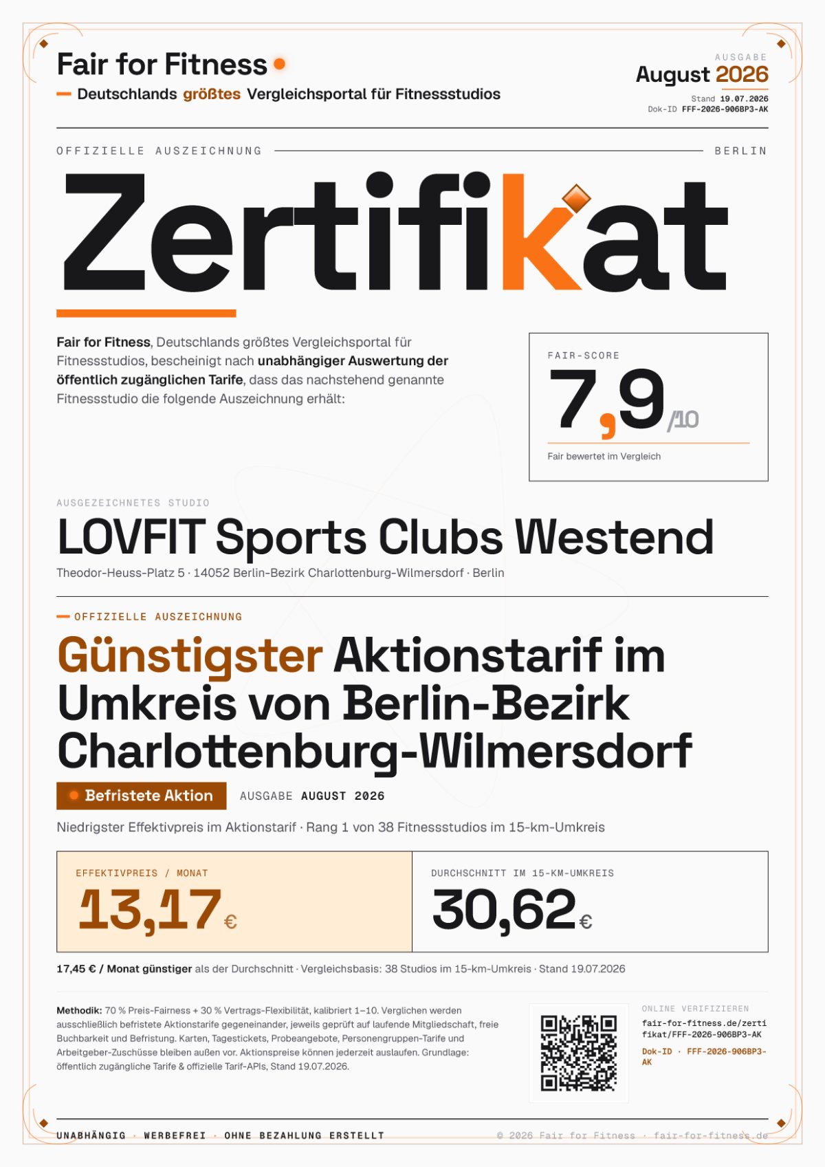 Zertifikat „Günstigster Aktionstarif im Umkreis von Berlin-Bezirk Charlottenburg-Wilmersdorf"