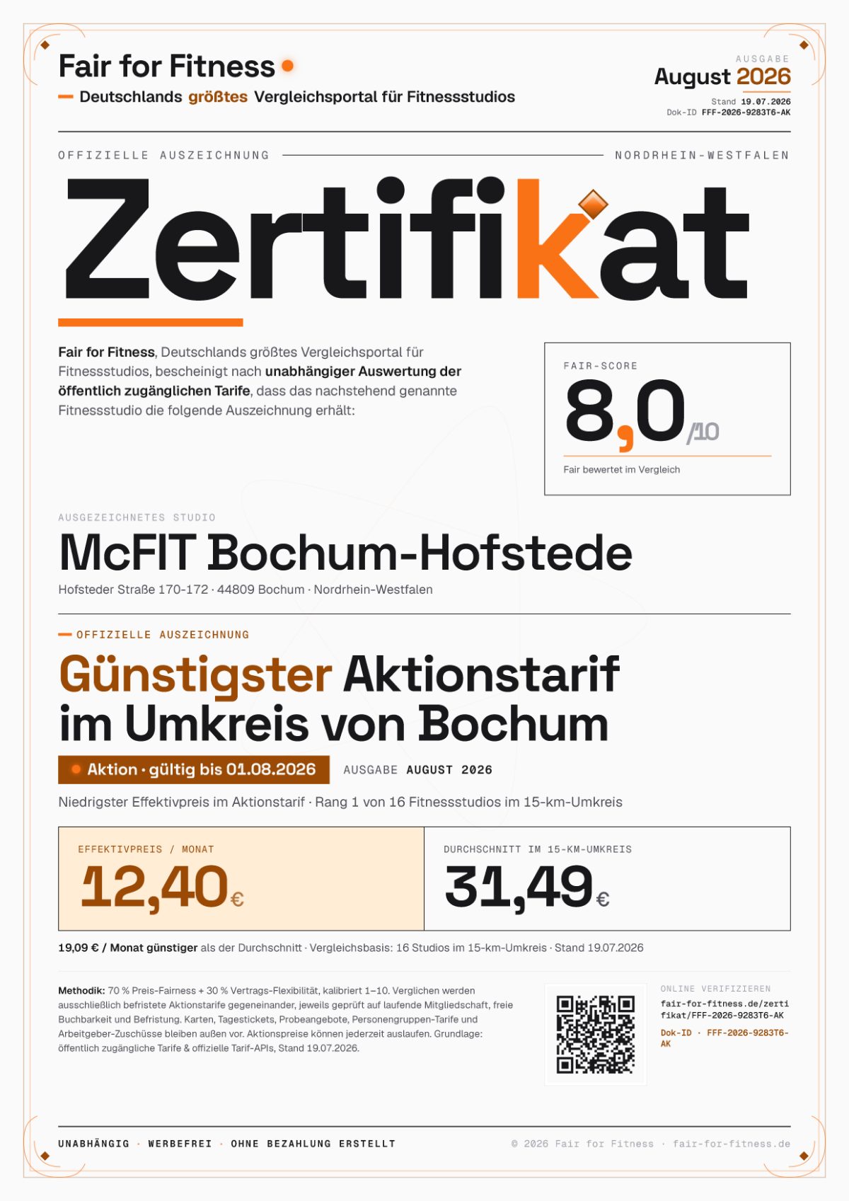 Zertifikat „Günstigster Aktionstarif im Umkreis von Bochum"