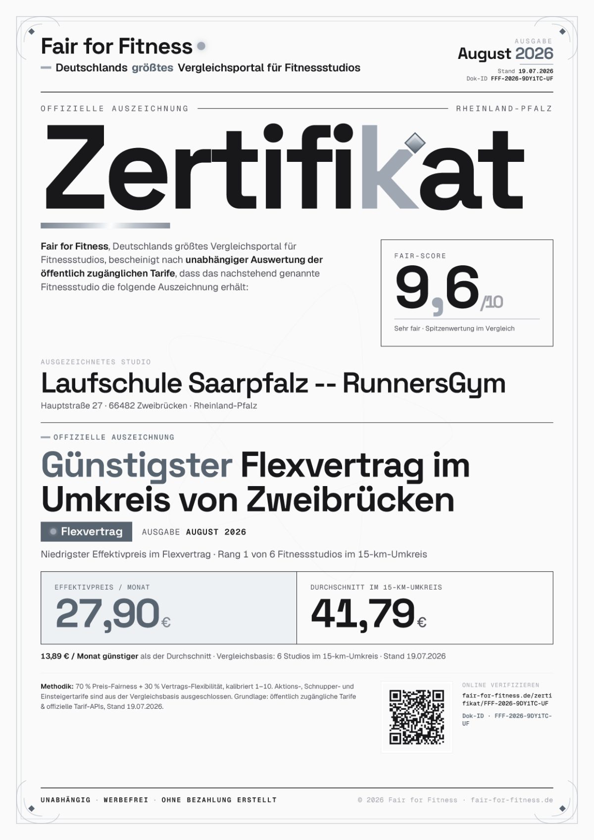 Zertifikat „Günstigster Flexvertrag im Umkreis von Zweibrücken"