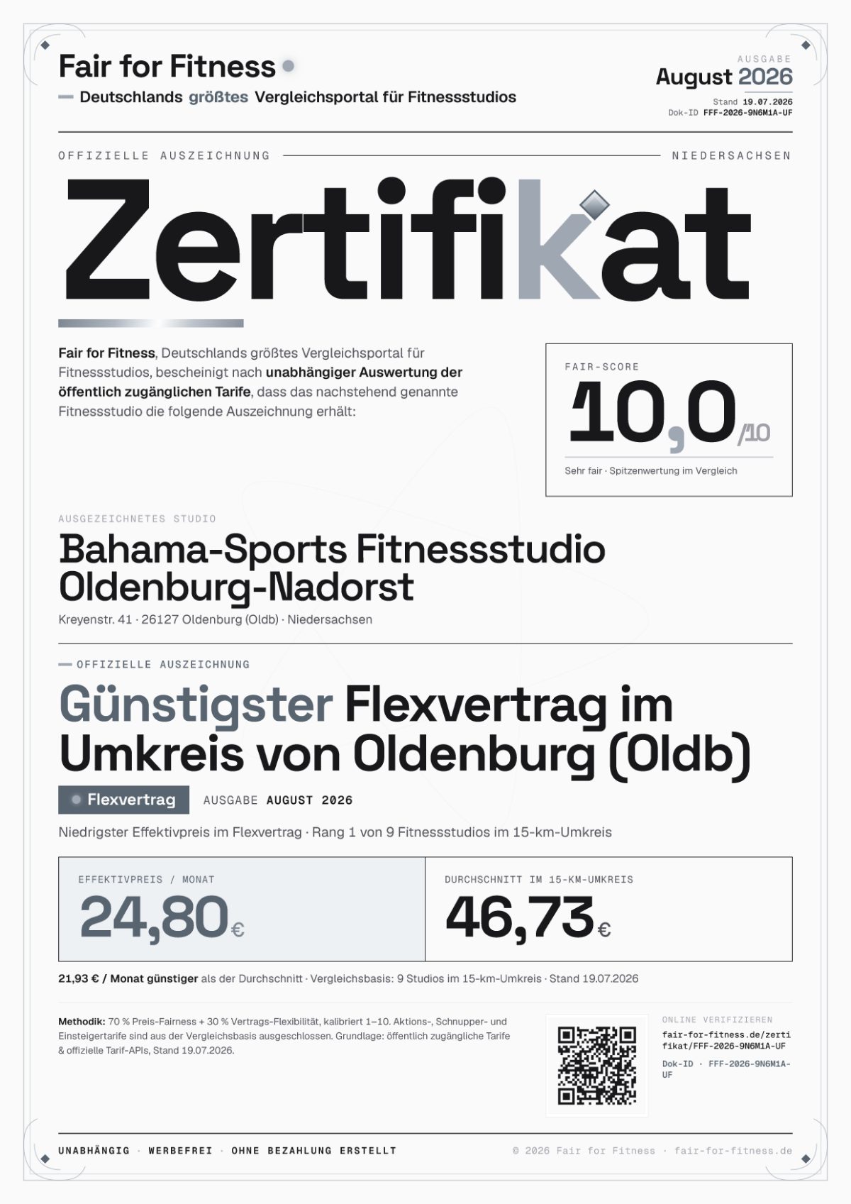 Zertifikat „Günstigster Flexvertrag im Umkreis von Oldenburg (Oldb)"