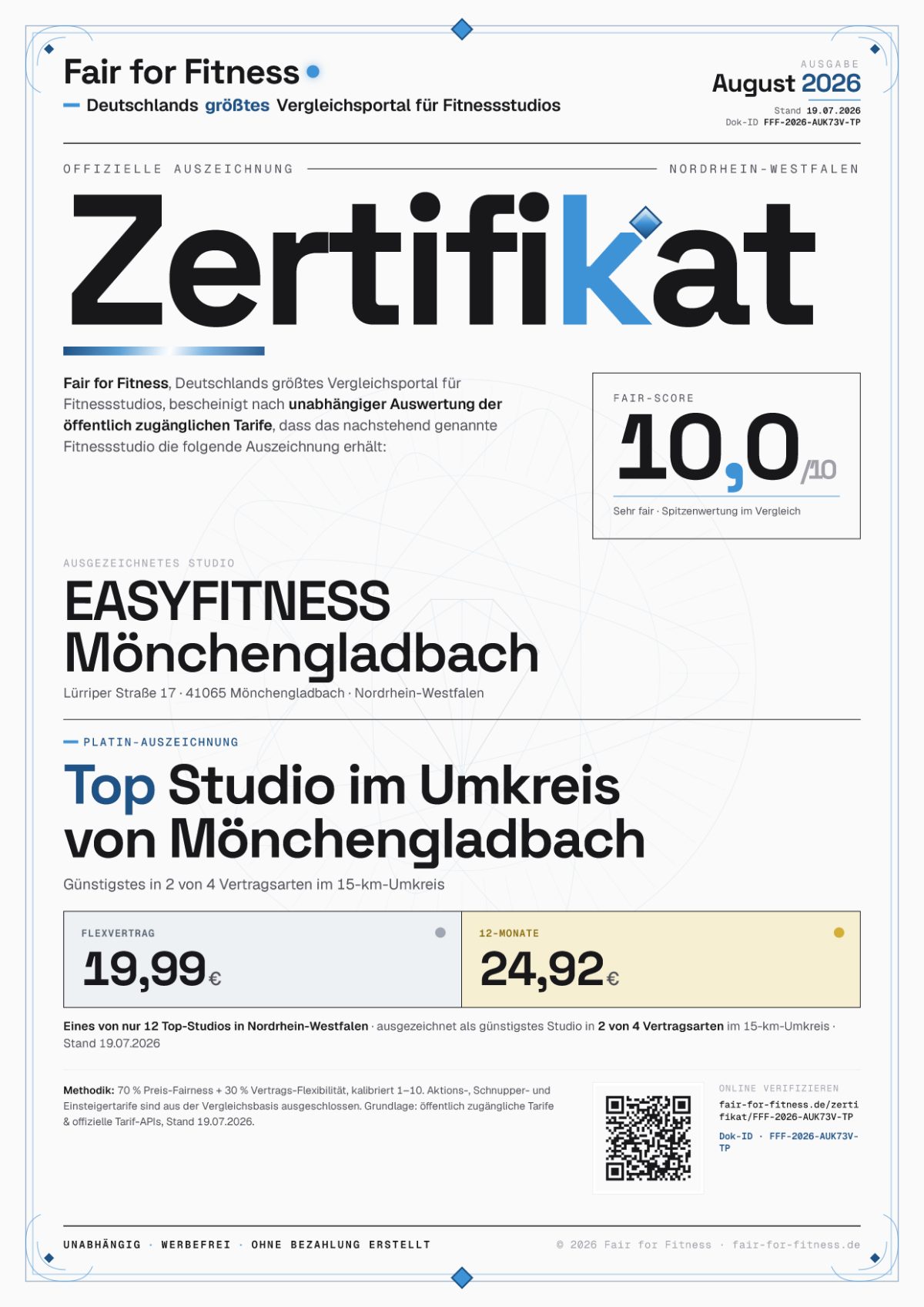 Zertifikat „Top Studio im Umkreis von Mönchengladbach"