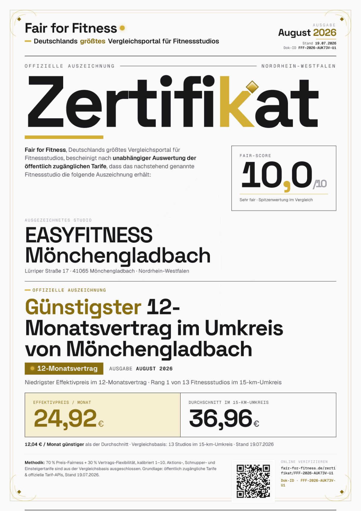 Zertifikat „Günstigster 12-Monatsvertrag im Umkreis von Mönchengladbach"