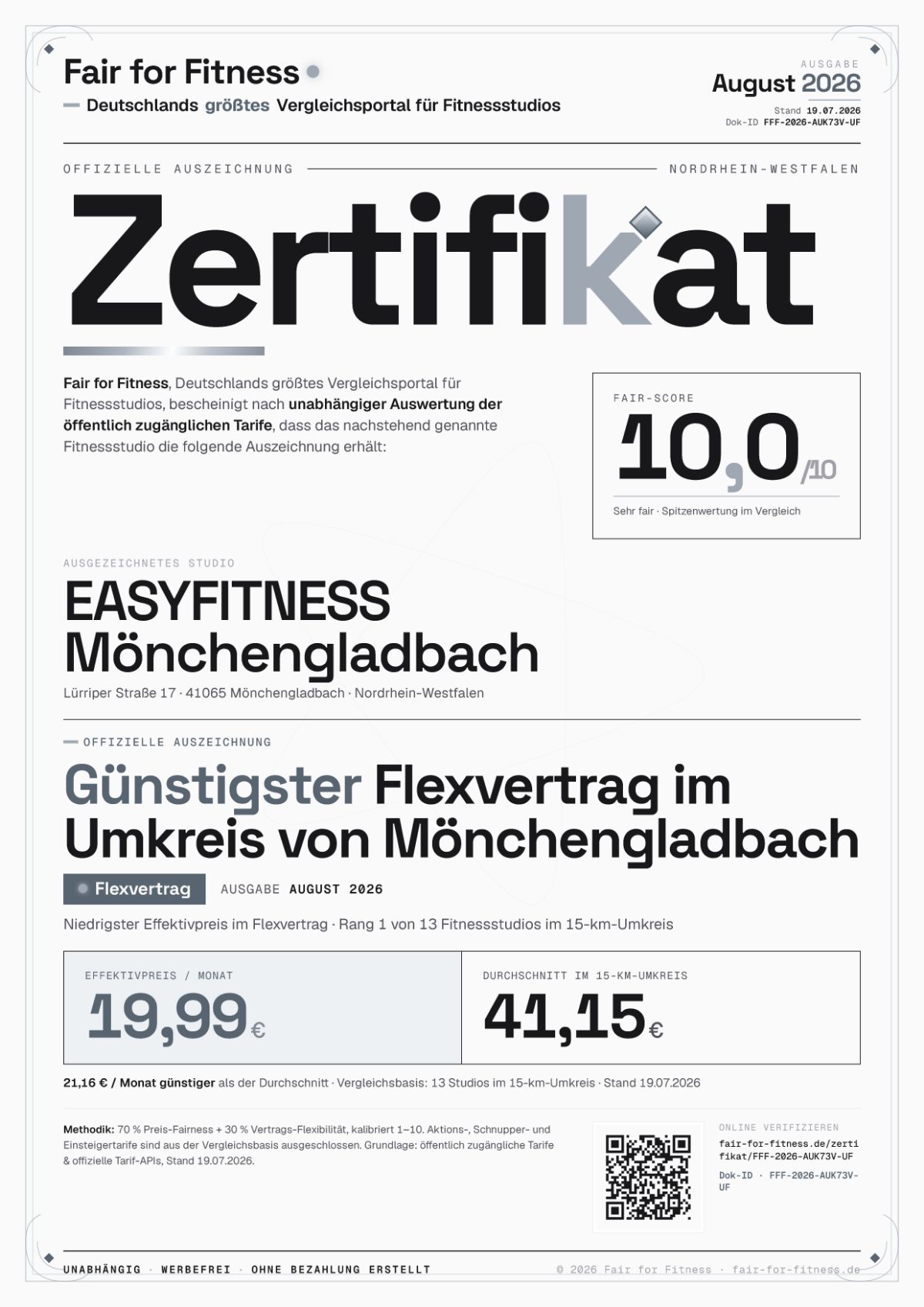 Zertifikat „Günstigster Flexvertrag im Umkreis von Mönchengladbach"