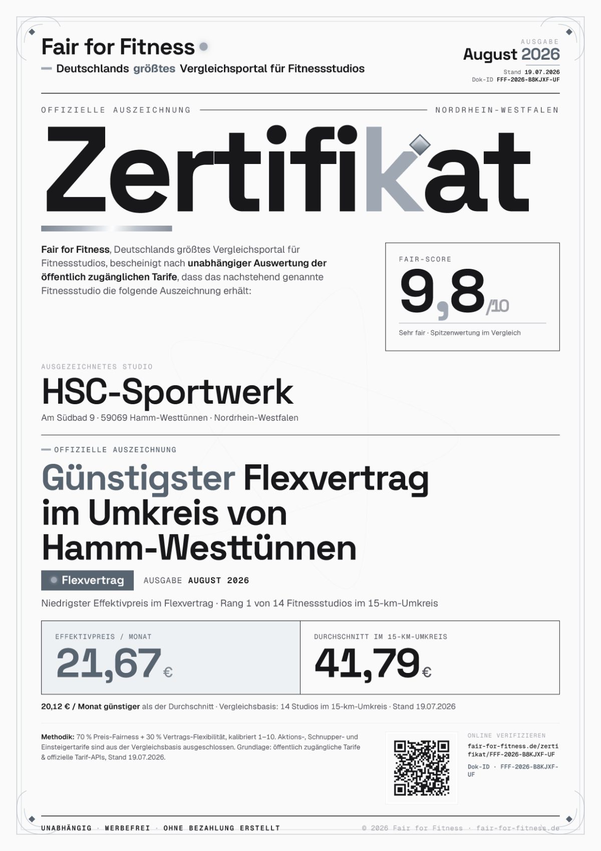 Zertifikat „Günstigster Flexvertrag im Umkreis von Hamm-Westtünnen"