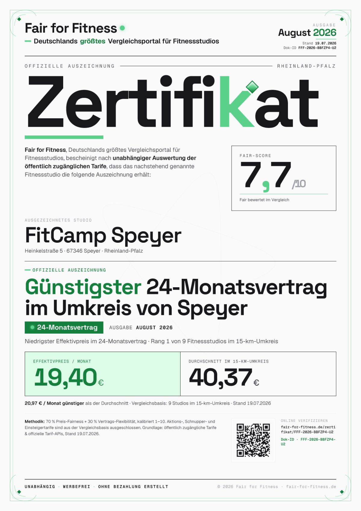 Zertifikat „Günstigster 24-Monatsvertrag im Umkreis von Speyer"