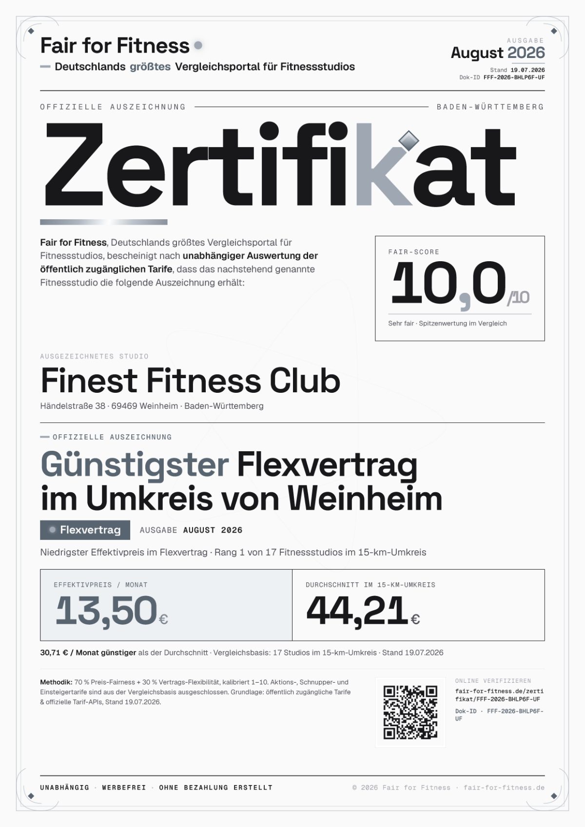 Zertifikat „Günstigster Flexvertrag im Umkreis von Weinheim"
