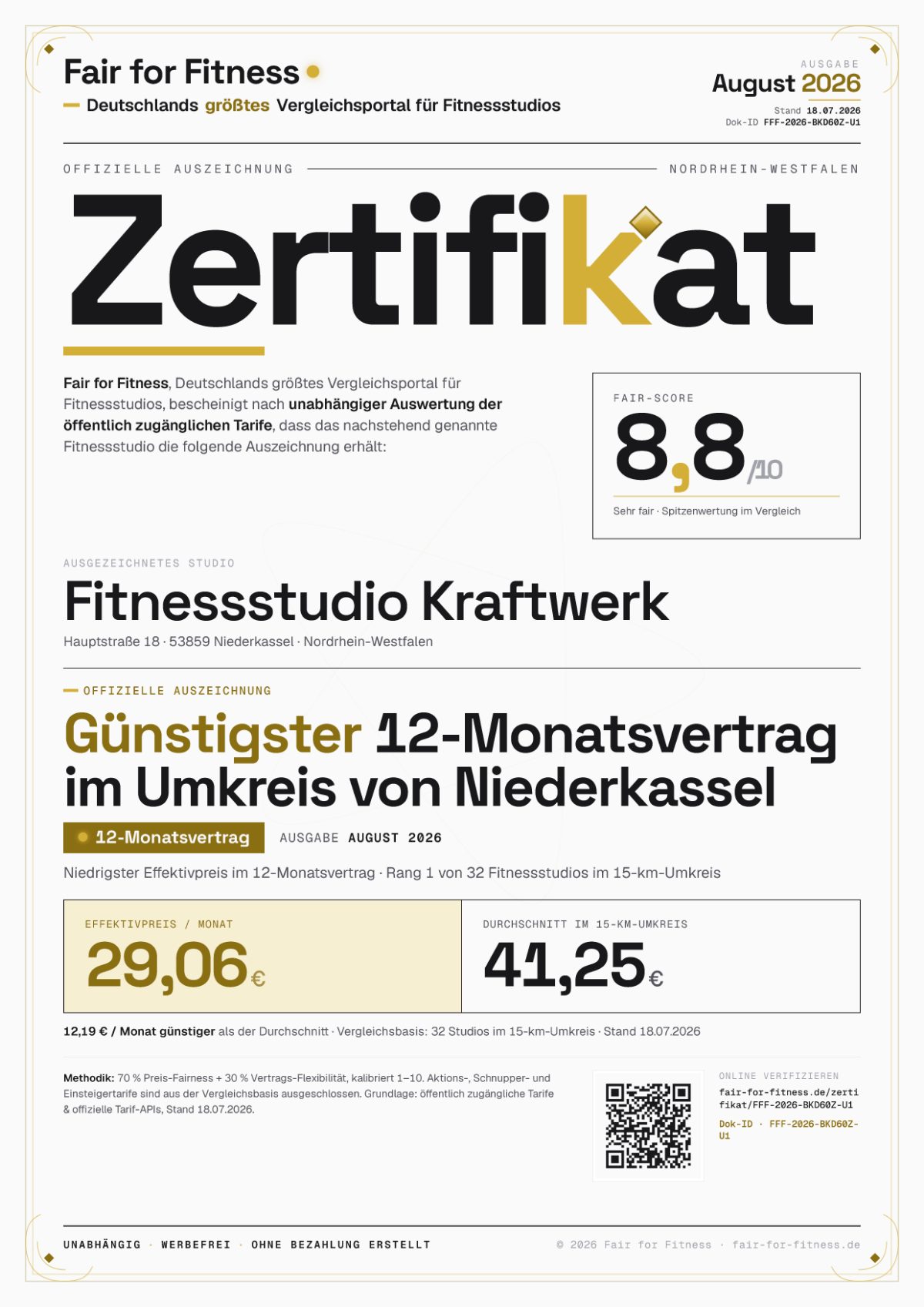 Zertifikat „Günstigster 12-Monatsvertrag im Umkreis von Niederkassel"