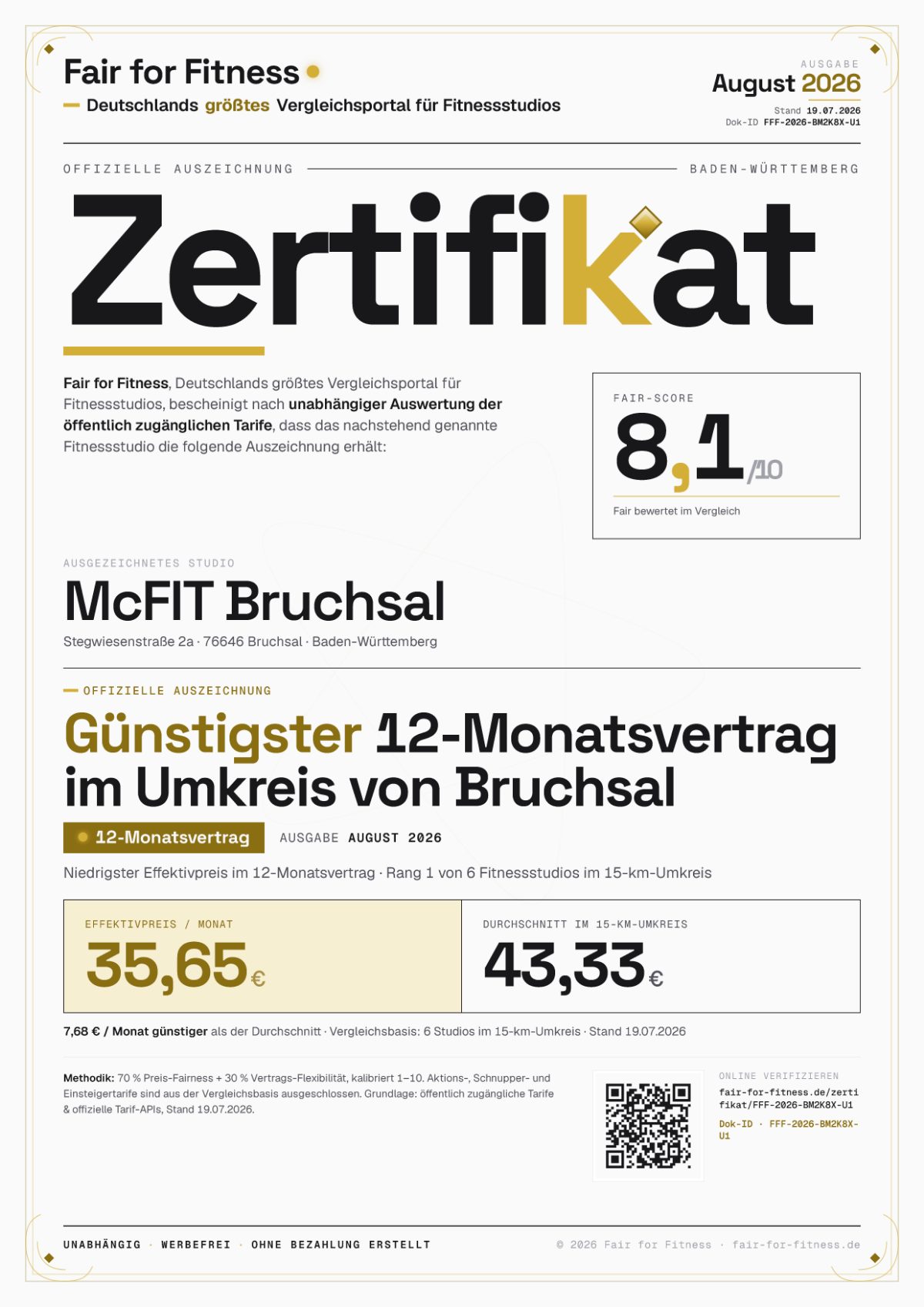 Zertifikat „Günstigster 12-Monatsvertrag im Umkreis von Bruchsal"