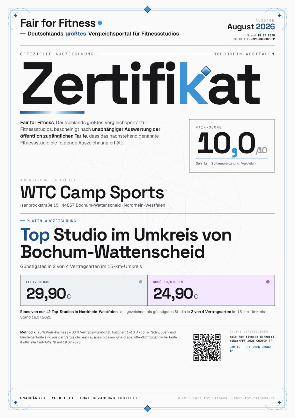 Zertifikat „Top Studio im Umkreis von Bochum-Wattenscheid"
