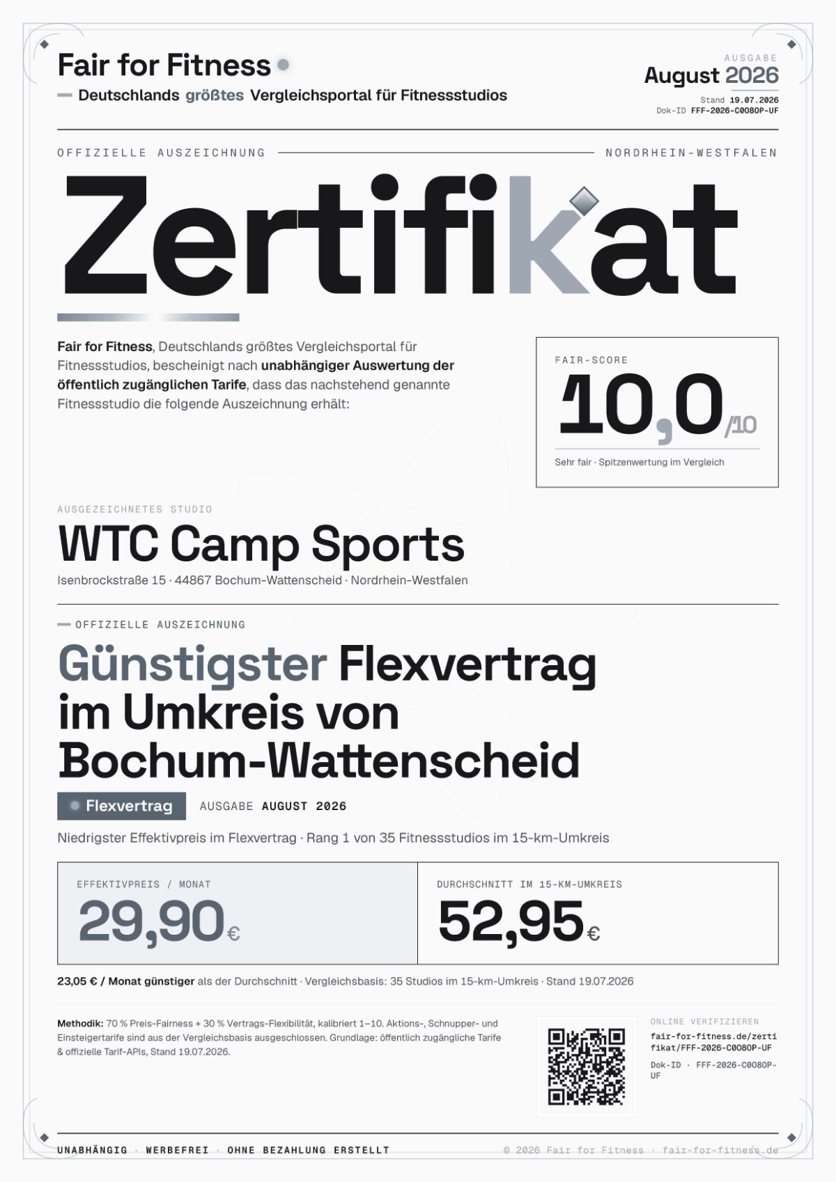 Zertifikat „Günstigster Flexvertrag im Umkreis von Bochum-Wattenscheid"