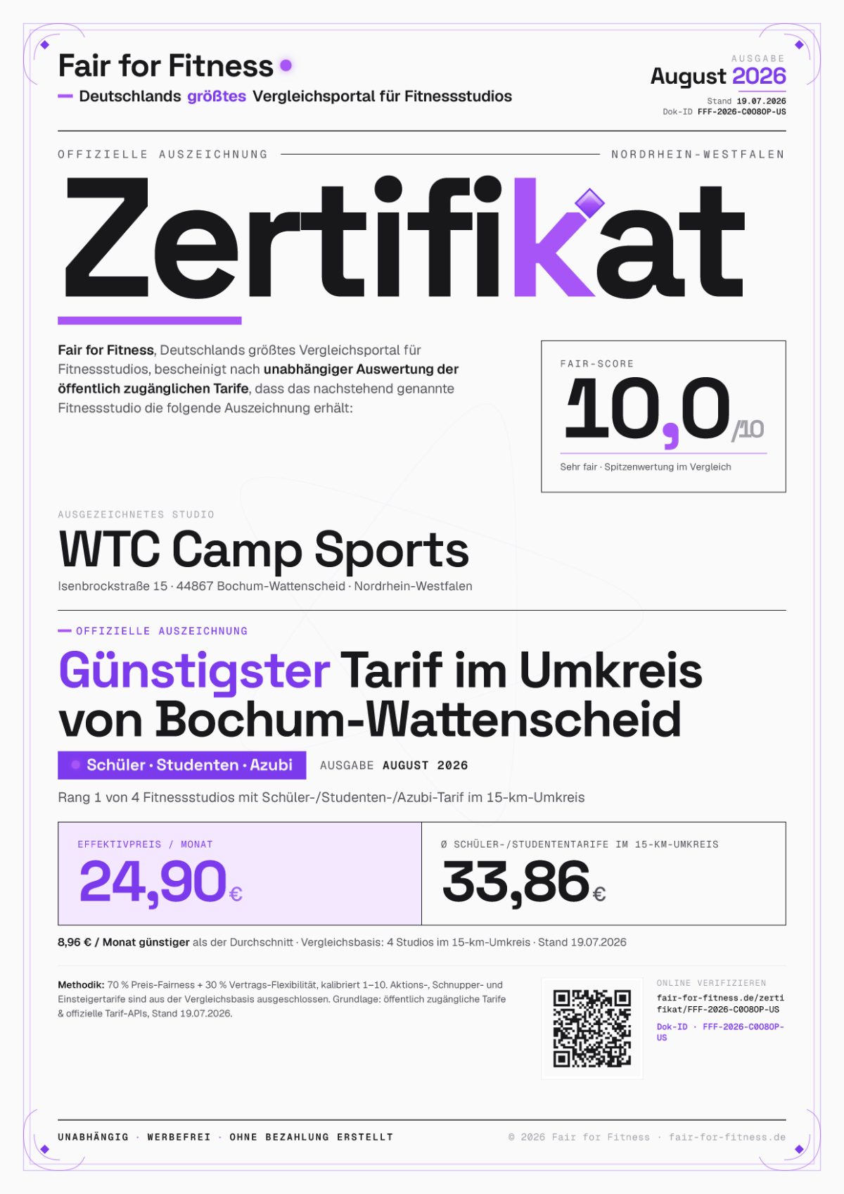 Zertifikat „Günstigster Schüler-, Studenten- & Azubi-Tarif im Umkreis von Bochum-Wattenscheid"