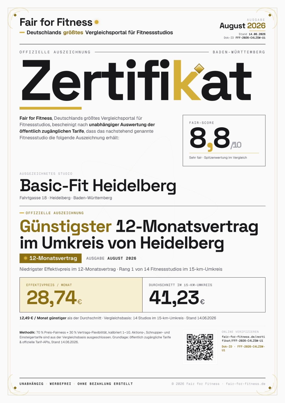 Zertifikat „Günstigster 12-Monatsvertrag im Umkreis von Heidelberg"