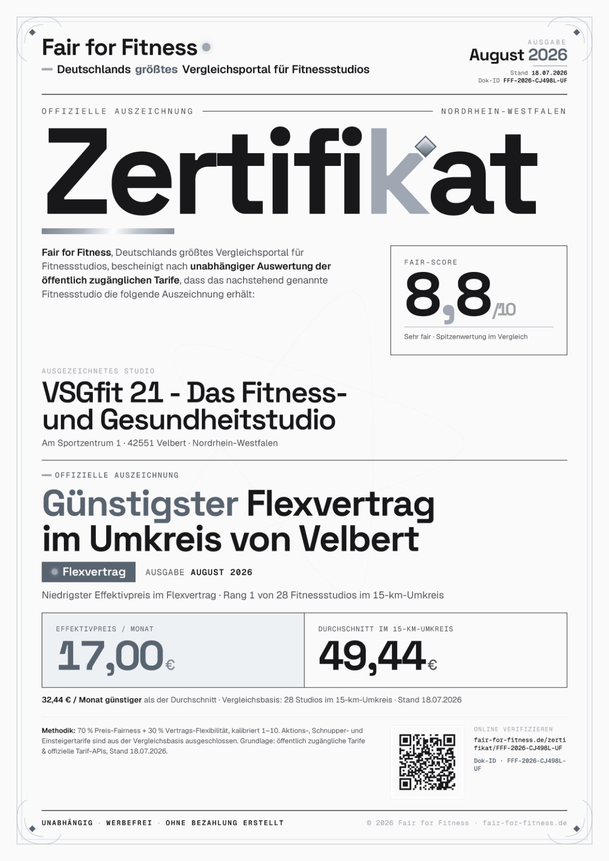 Zertifikat „Günstigster Flexvertrag im Umkreis von Velbert"