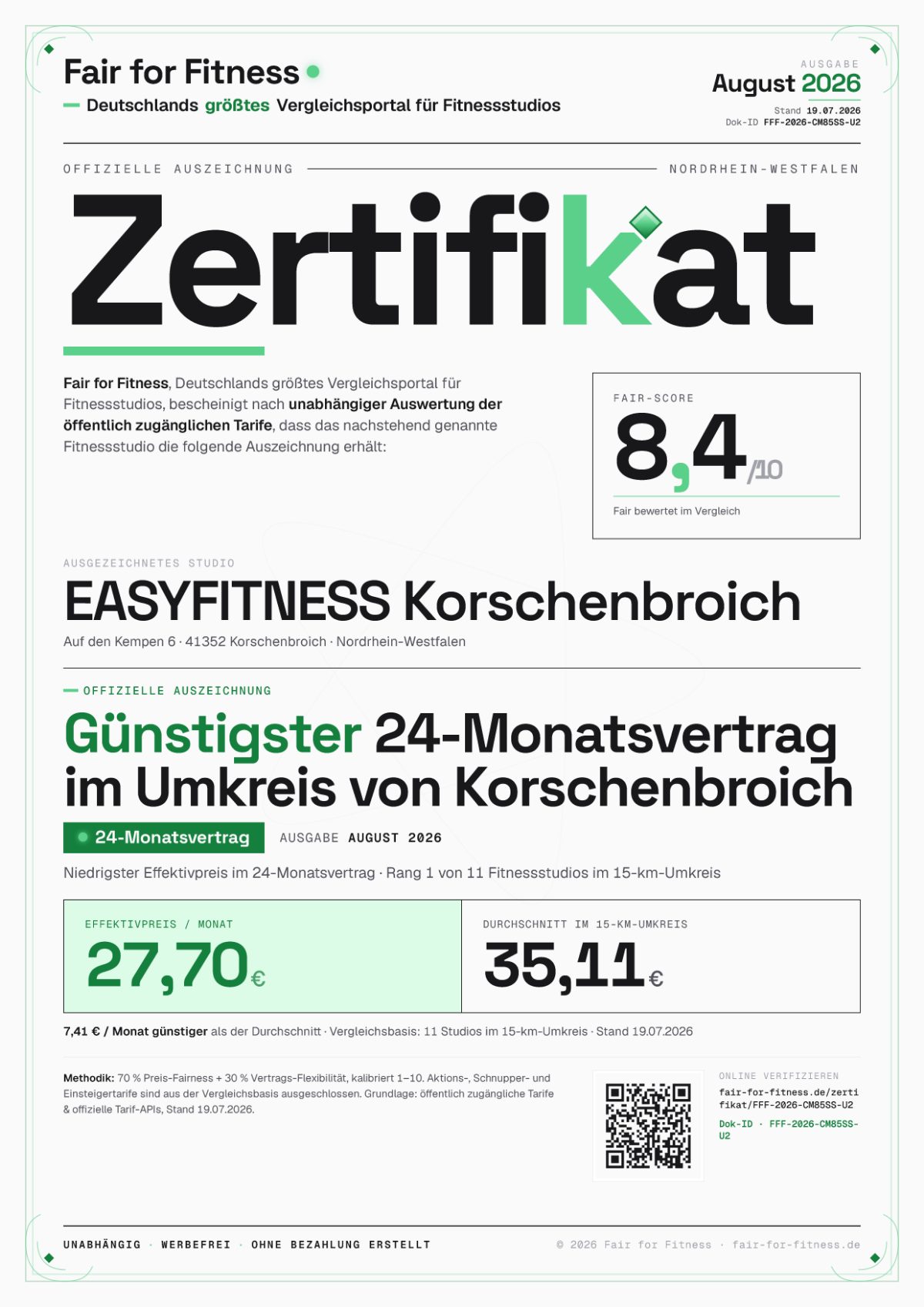 Zertifikat „Günstigster 24-Monatsvertrag im Umkreis von Korschenbroich"