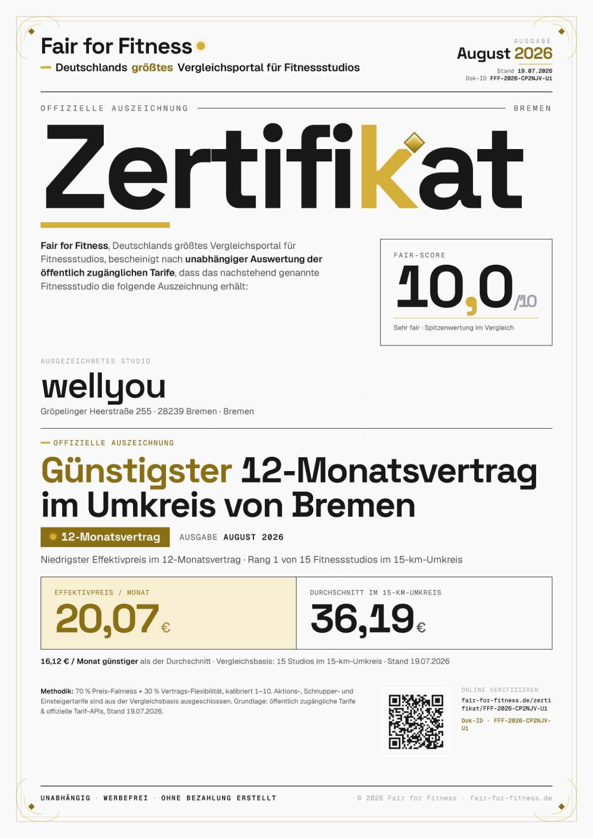 Zertifikat „Günstigster 12-Monatsvertrag im Umkreis von Bremen"