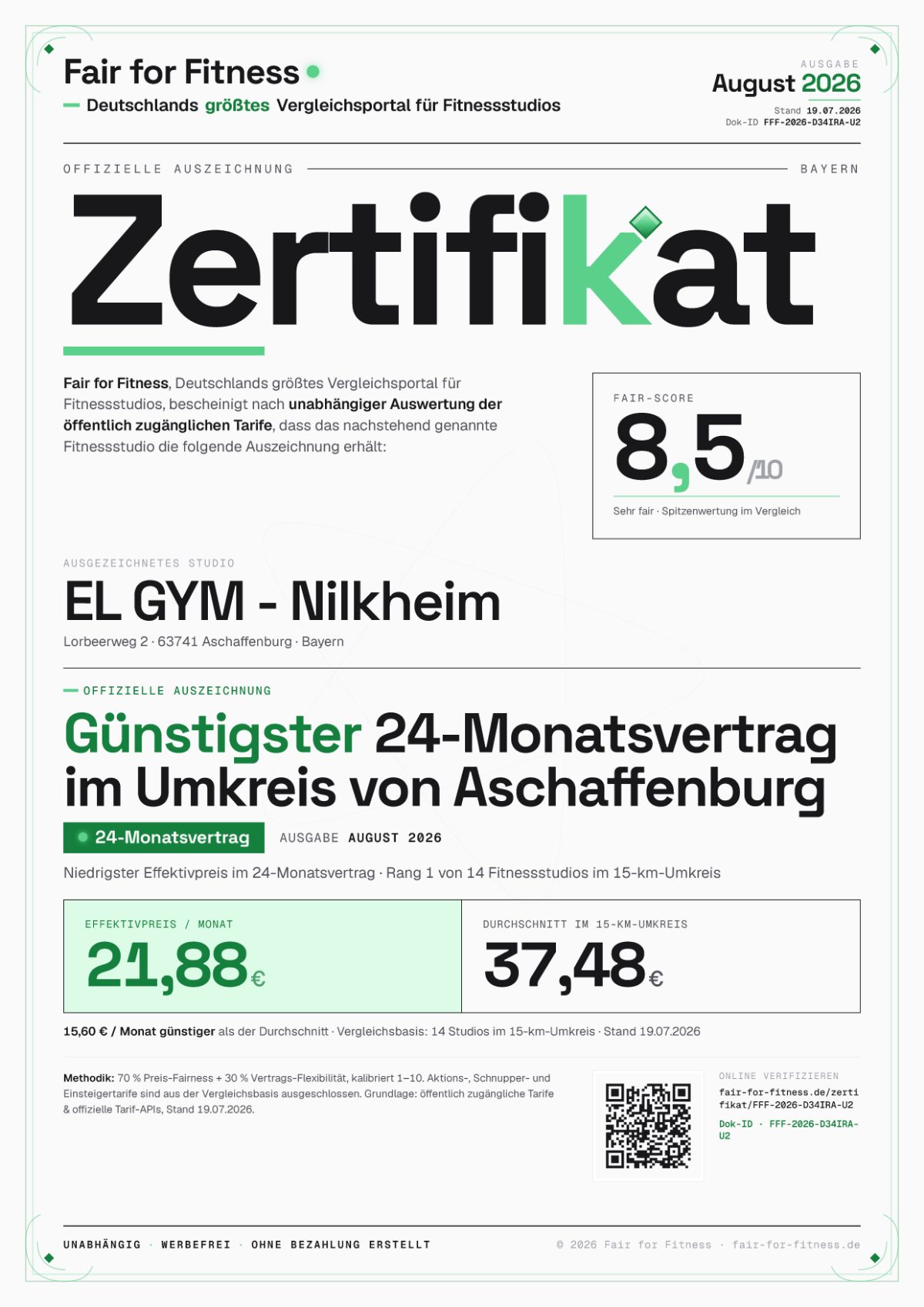 Zertifikat „Günstigster 24-Monatsvertrag im Umkreis von Aschaffenburg"