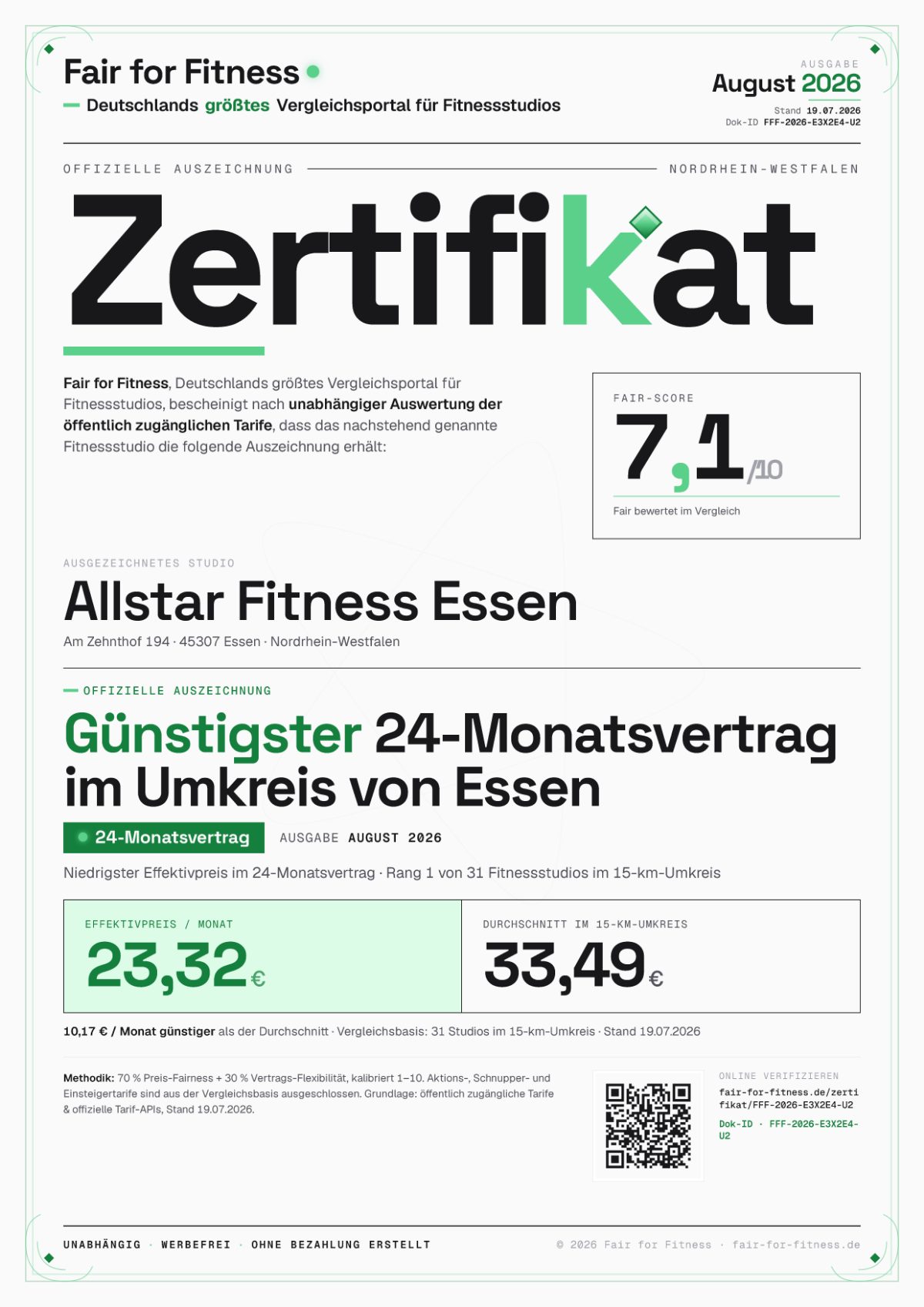 Zertifikat „Günstigster 24-Monatsvertrag im Umkreis von Essen"
