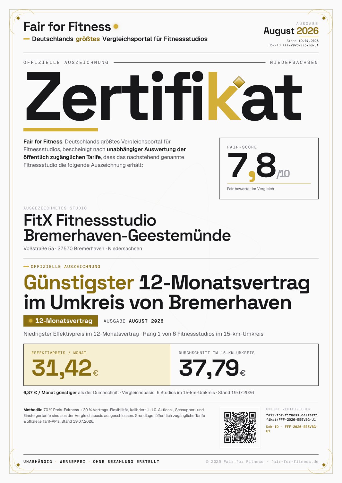 Zertifikat „Günstigster 12-Monatsvertrag im Umkreis von Bremerhaven"