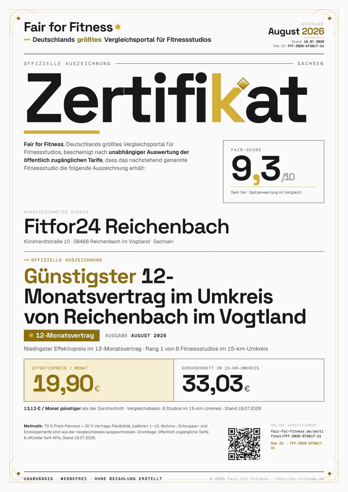 Zertifikat „Günstigster 12-Monatsvertrag im Umkreis von Reichenbach im Vogtland"