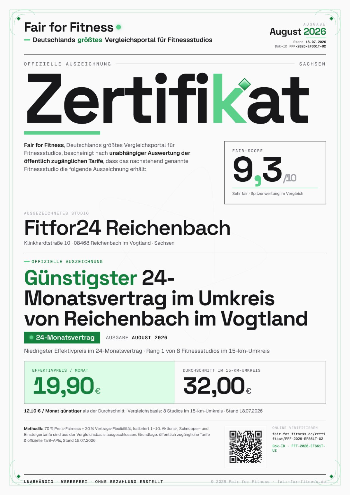 Zertifikat „Günstigster 24-Monatsvertrag im Umkreis von Reichenbach im Vogtland"