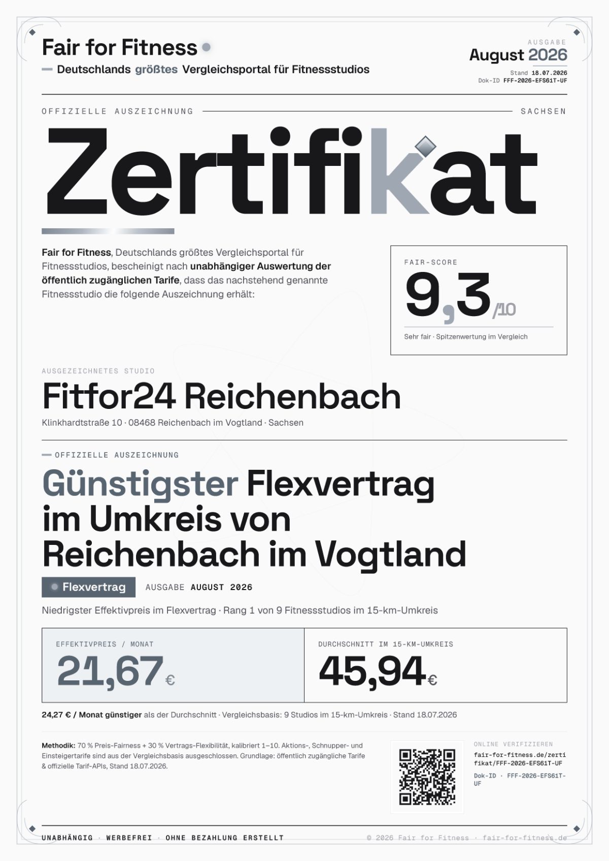 Zertifikat „Günstigster Flexvertrag im Umkreis von Reichenbach im Vogtland"