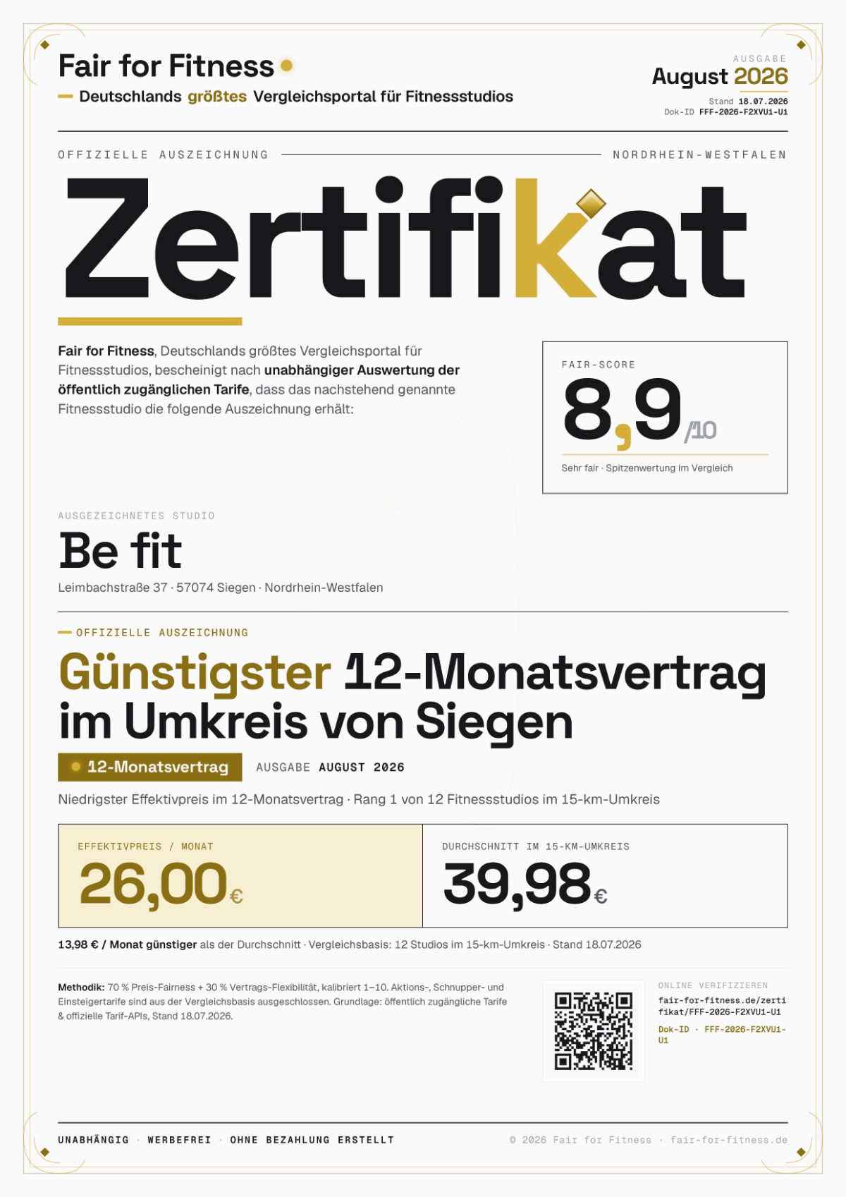 Zertifikat „Günstigster 12-Monatsvertrag im Umkreis von Siegen"