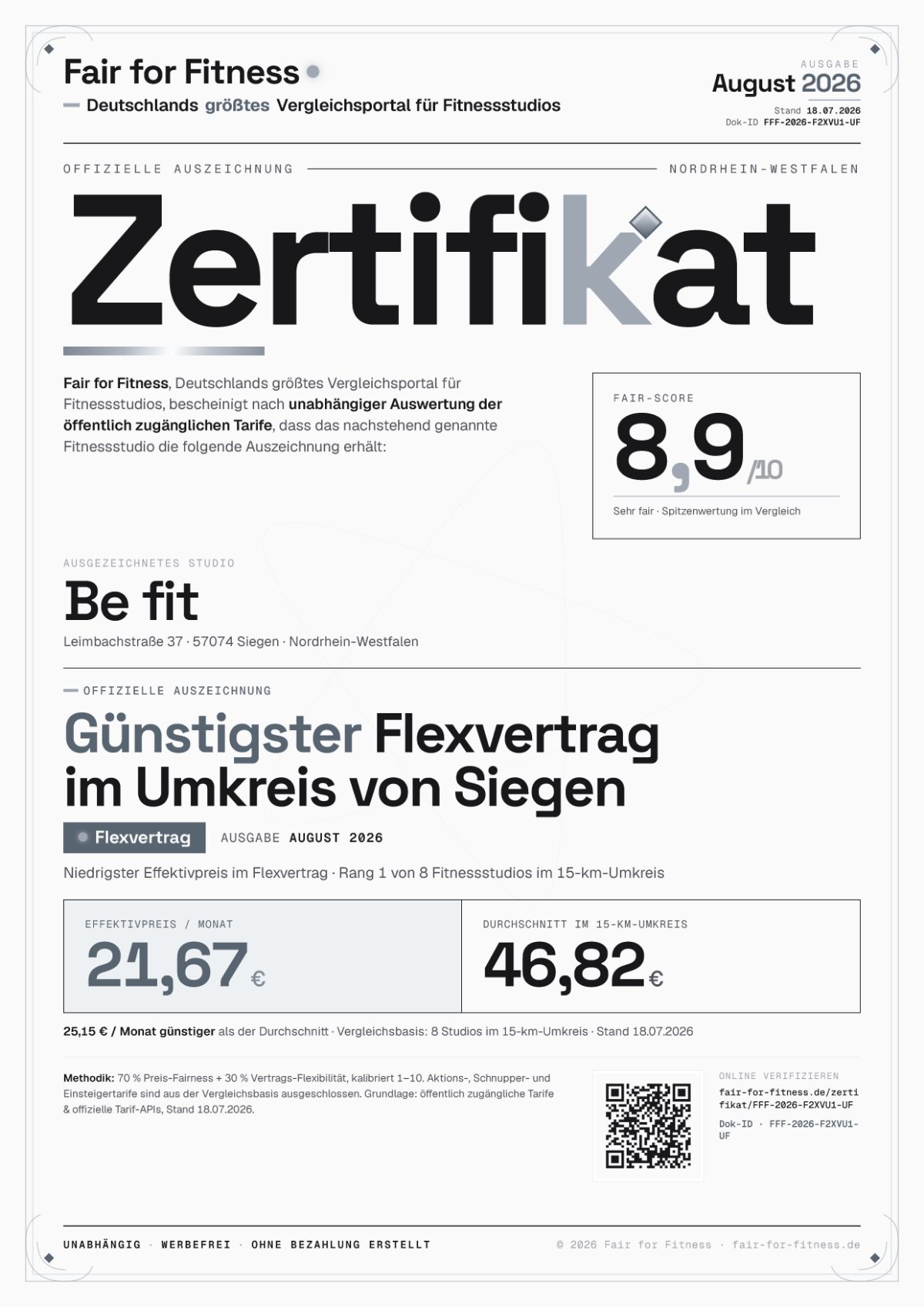 Zertifikat „Günstigster Flexvertrag im Umkreis von Siegen"